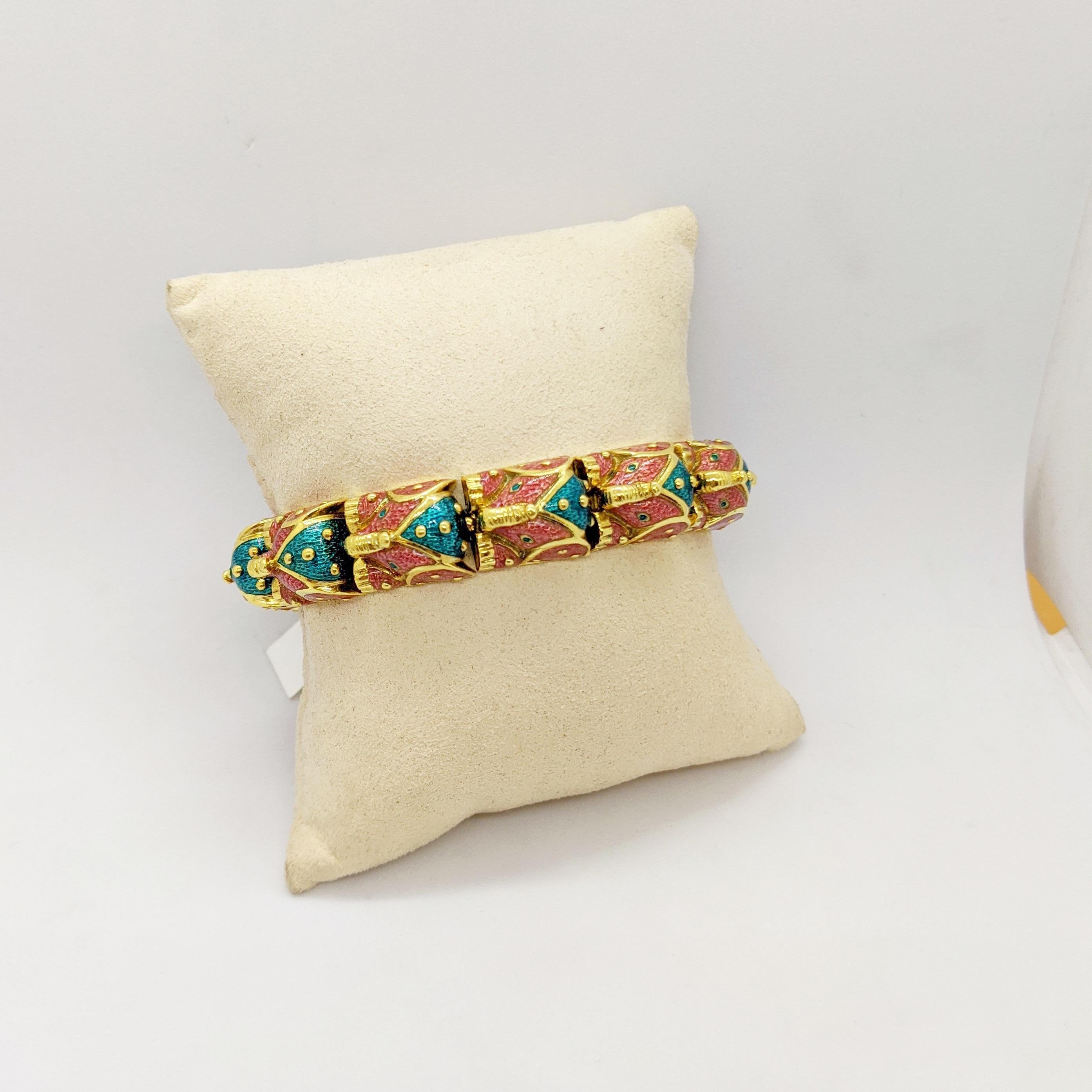 Hidalgo 18 Karat Yellow Gold, Pink and Green Enamel Elephant Bracelet For Sale 2