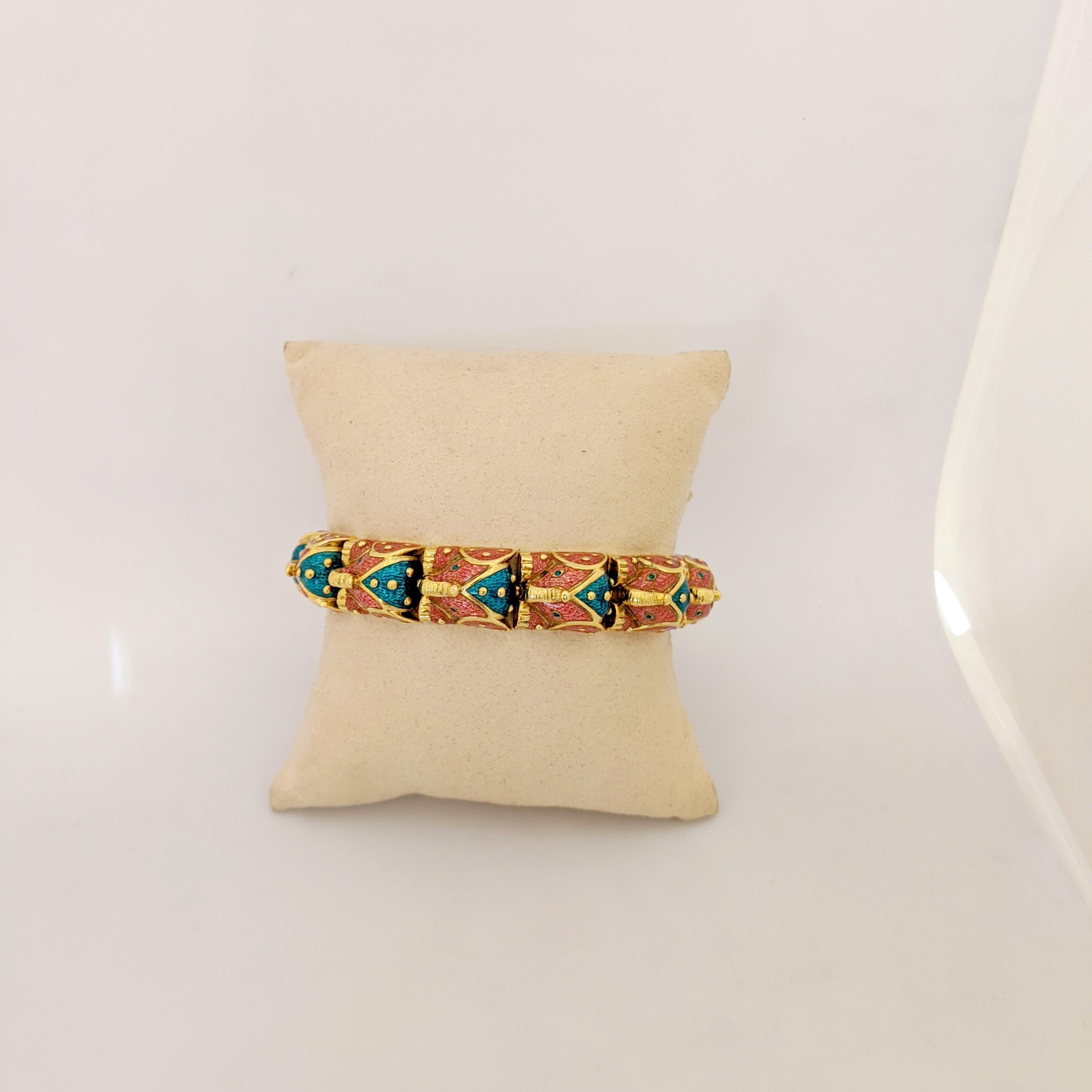 Contemporary Hidalgo 18 Karat Yellow Gold, Pink and Green Enamel Elephant Bracelet For Sale