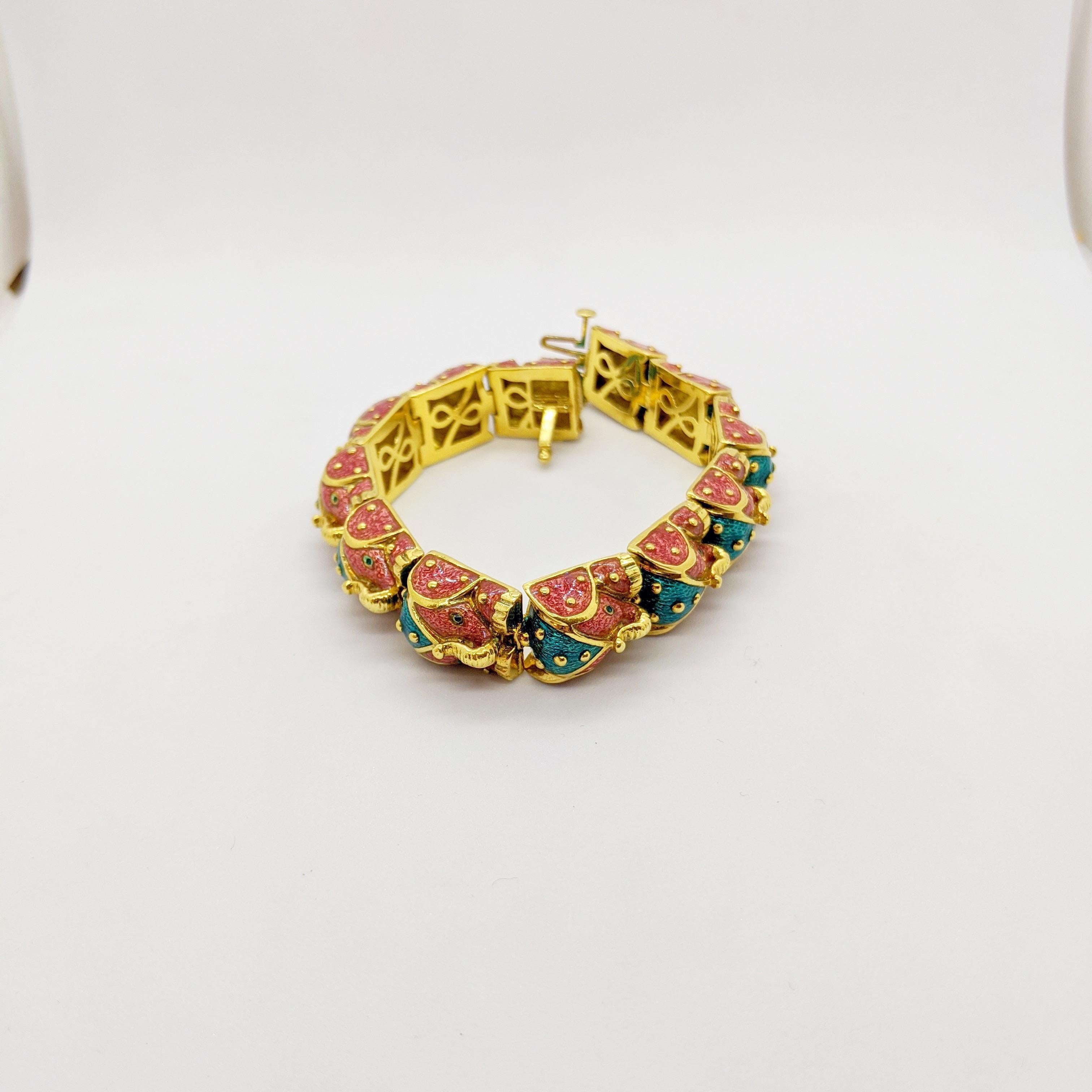 Women's or Men's Hidalgo 18 Karat Yellow Gold, Pink and Green Enamel Elephant Bracelet For Sale