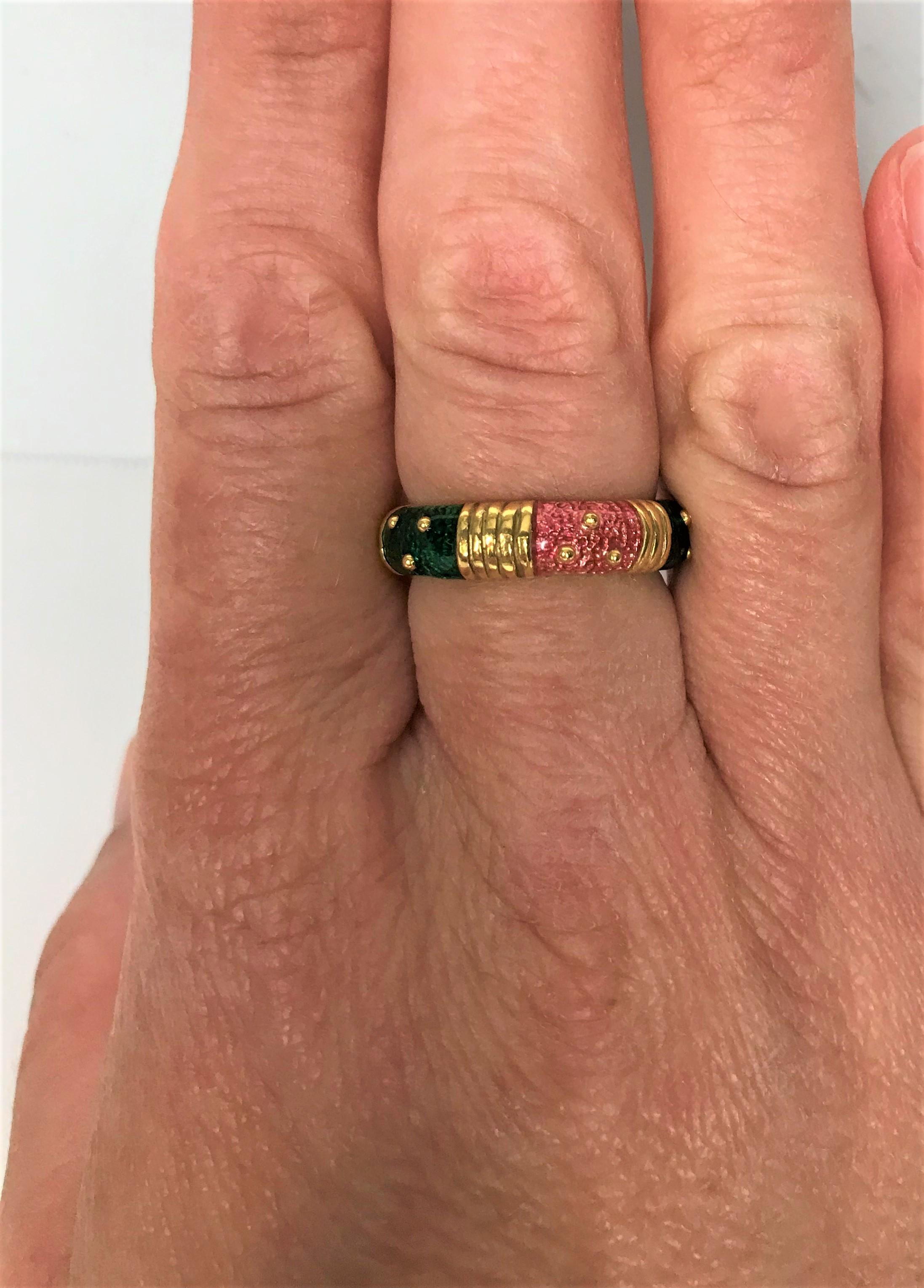 Women's or Men's Hidalgo 18KY Pink Green Enamel Ring