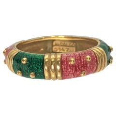 Vintage Hidalgo 18KY Pink Green Enamel Ring