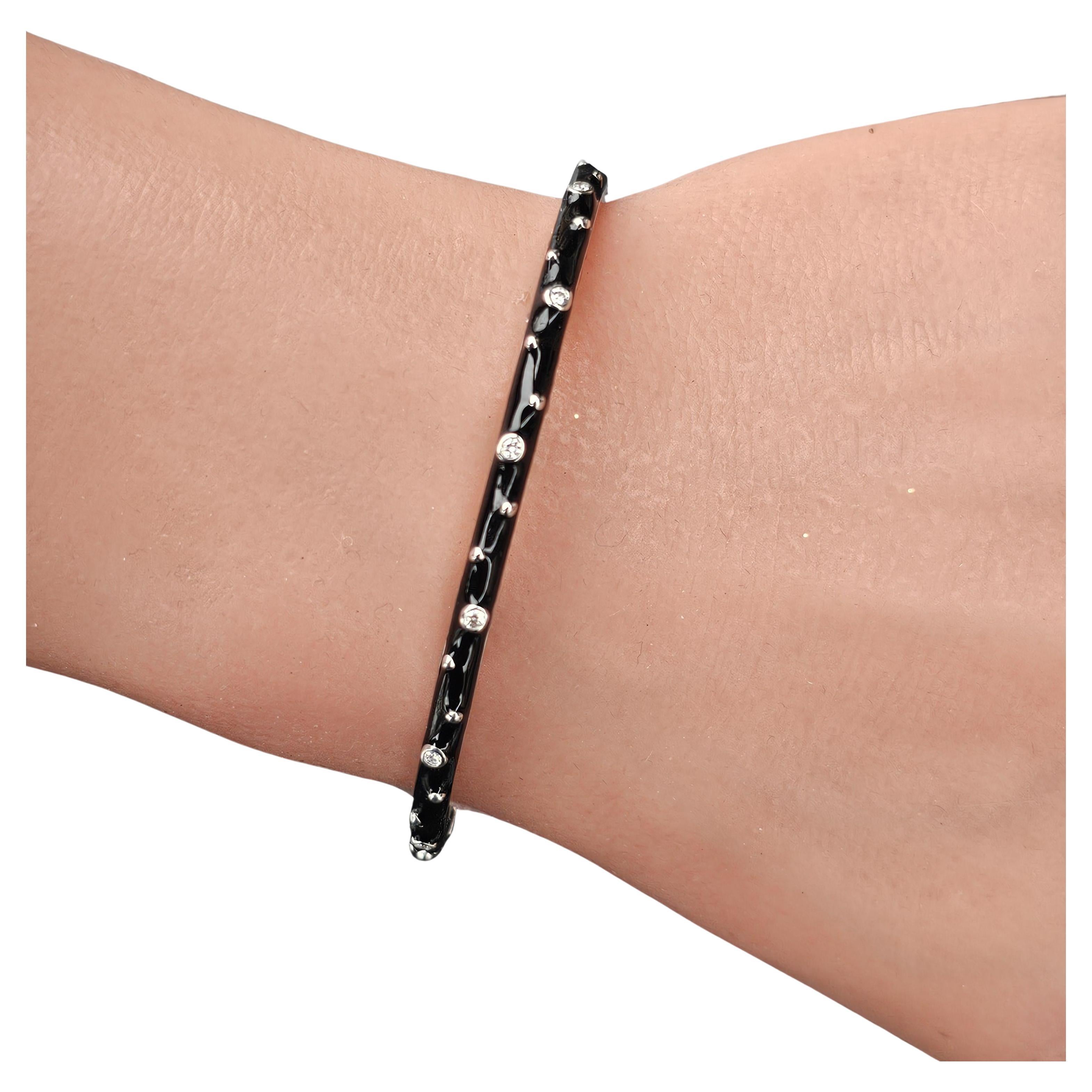 Hidalgo Bangle Bracelet 18k White Gold Black Enamel Bezel Set Diamonds 6 3/8"