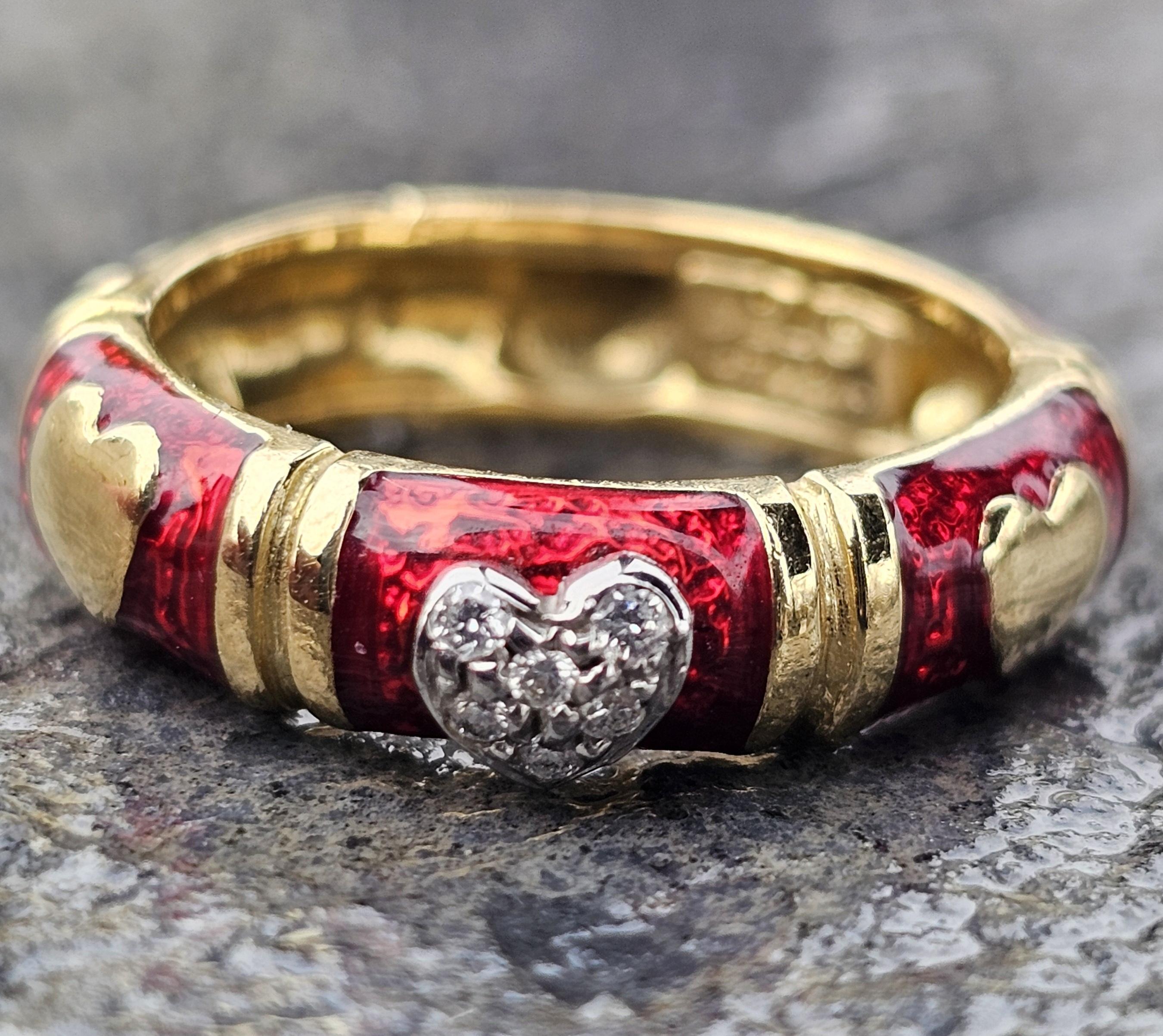 Hidalgo Diamante Cuore Eternità Anello Smalto Rosso 18k Giallo Bianco 6.7g sz 7 in vendita 5