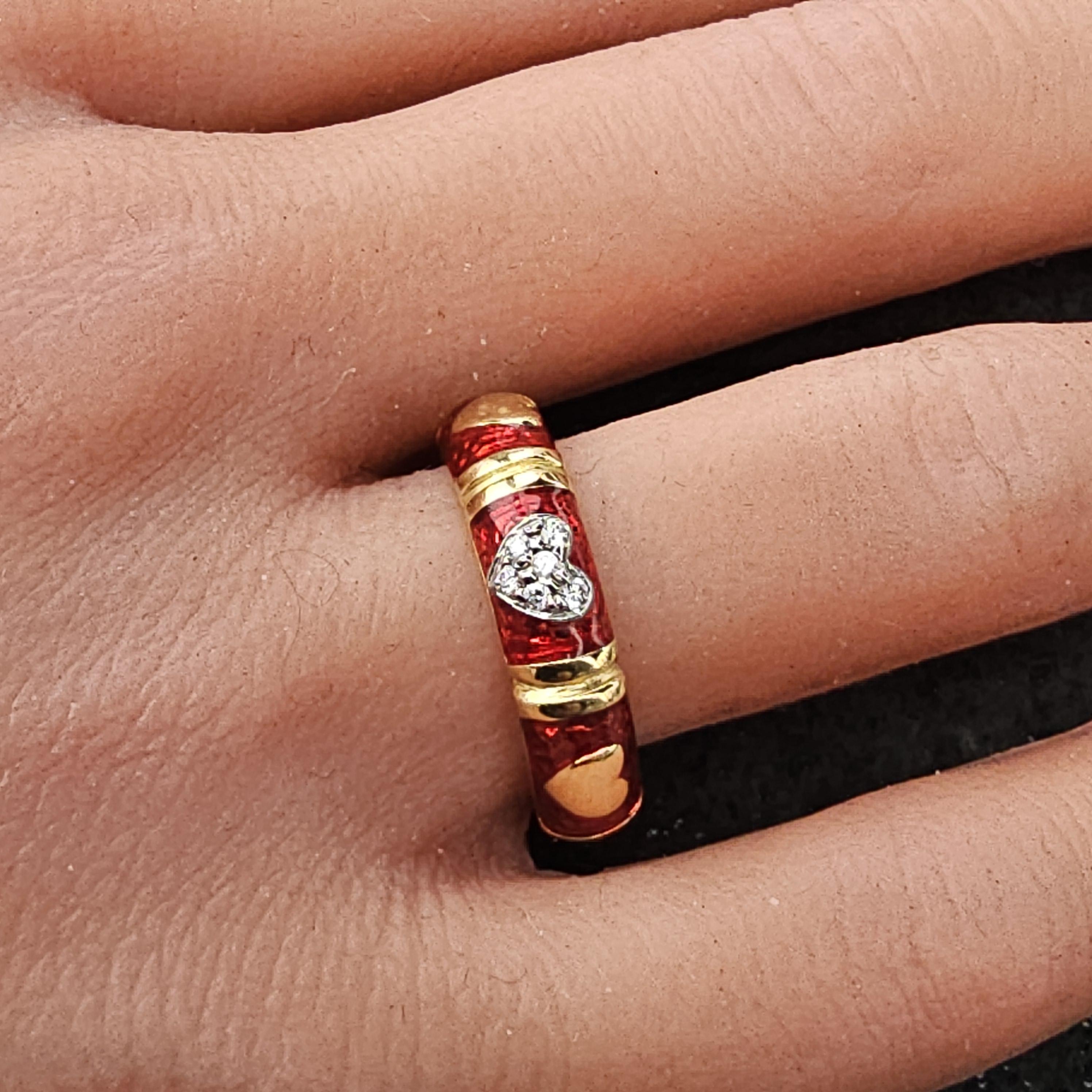 Taglio rotondo Hidalgo Diamante Cuore Eternità Anello Smalto Rosso 18k Giallo Bianco 6.7g sz 7 in vendita