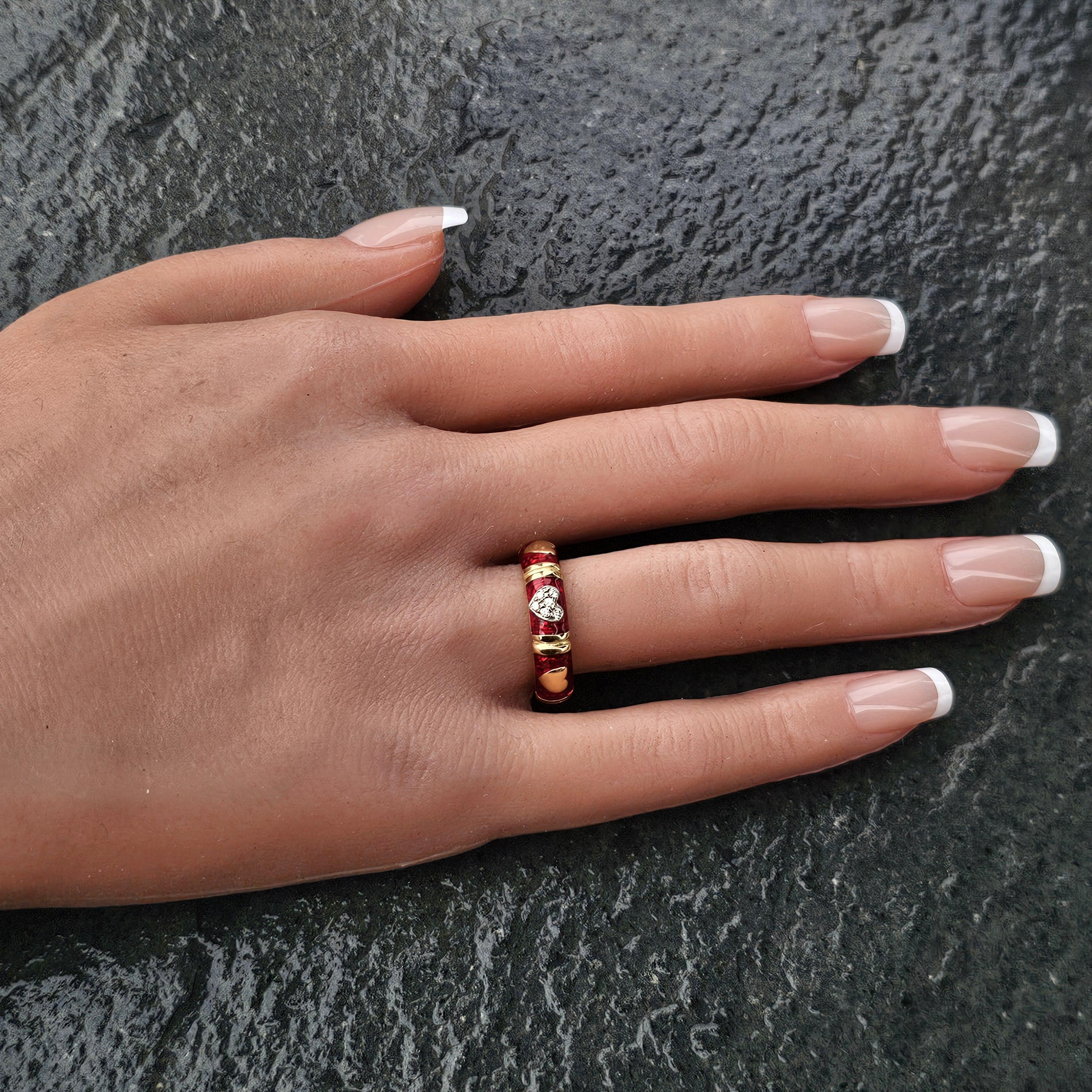 Hidalgo Diamante Cuore Eternità Anello Smalto Rosso 18k Giallo Bianco 6.7g sz 7 In condizioni buone in vendita a Northbrook, IL