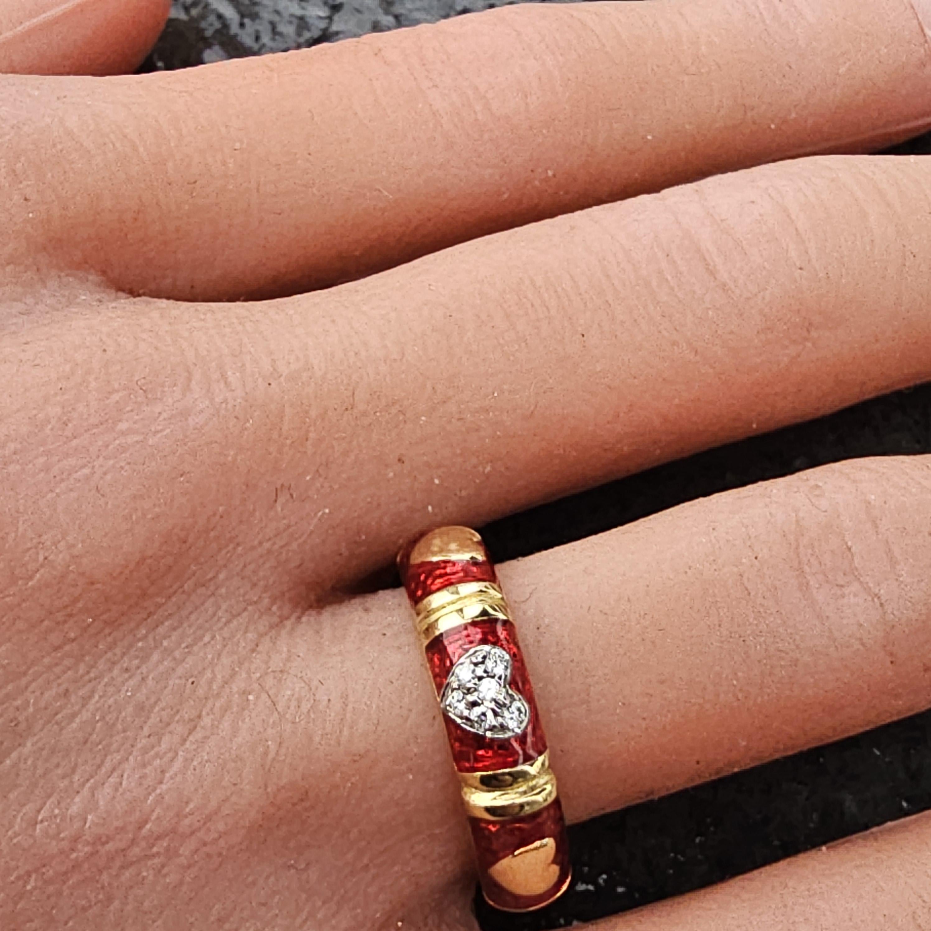 Donna Hidalgo Diamante Cuore Eternità Anello Smalto Rosso 18k Giallo Bianco 6.7g sz 7 in vendita