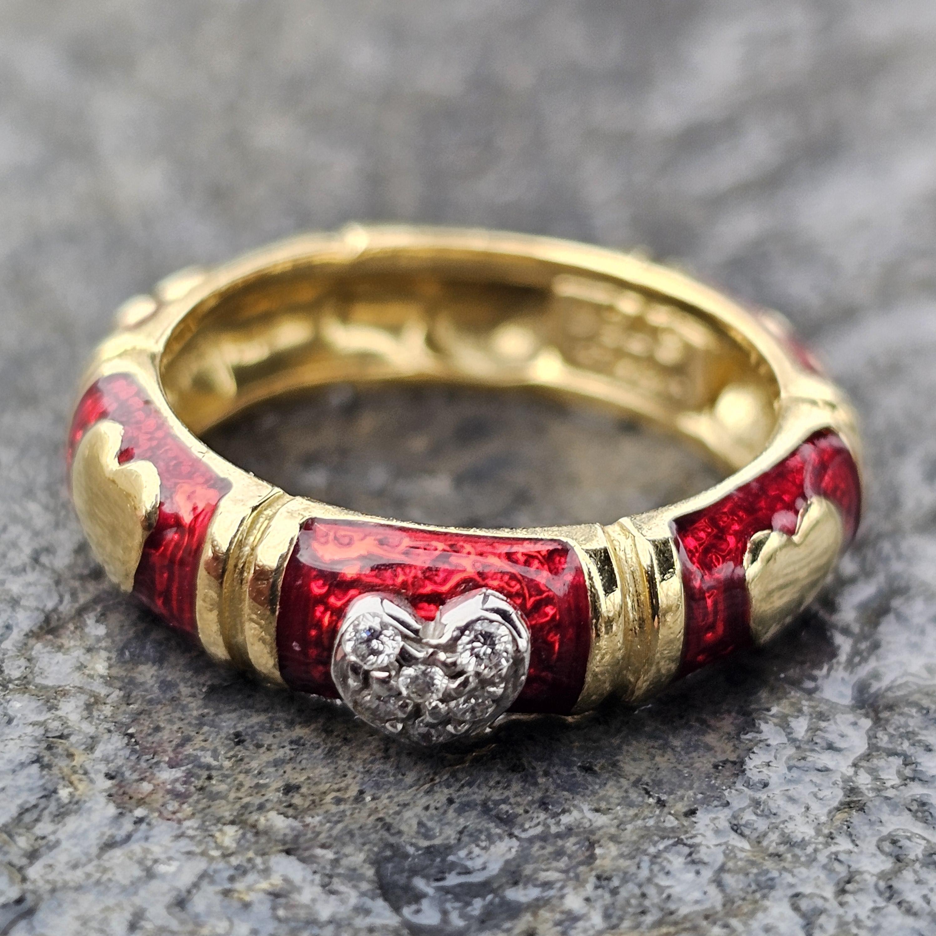 Hidalgo Diamante Cuore Eternità Anello Smalto Rosso 18k Giallo Bianco 6.7g sz 7 in vendita 4