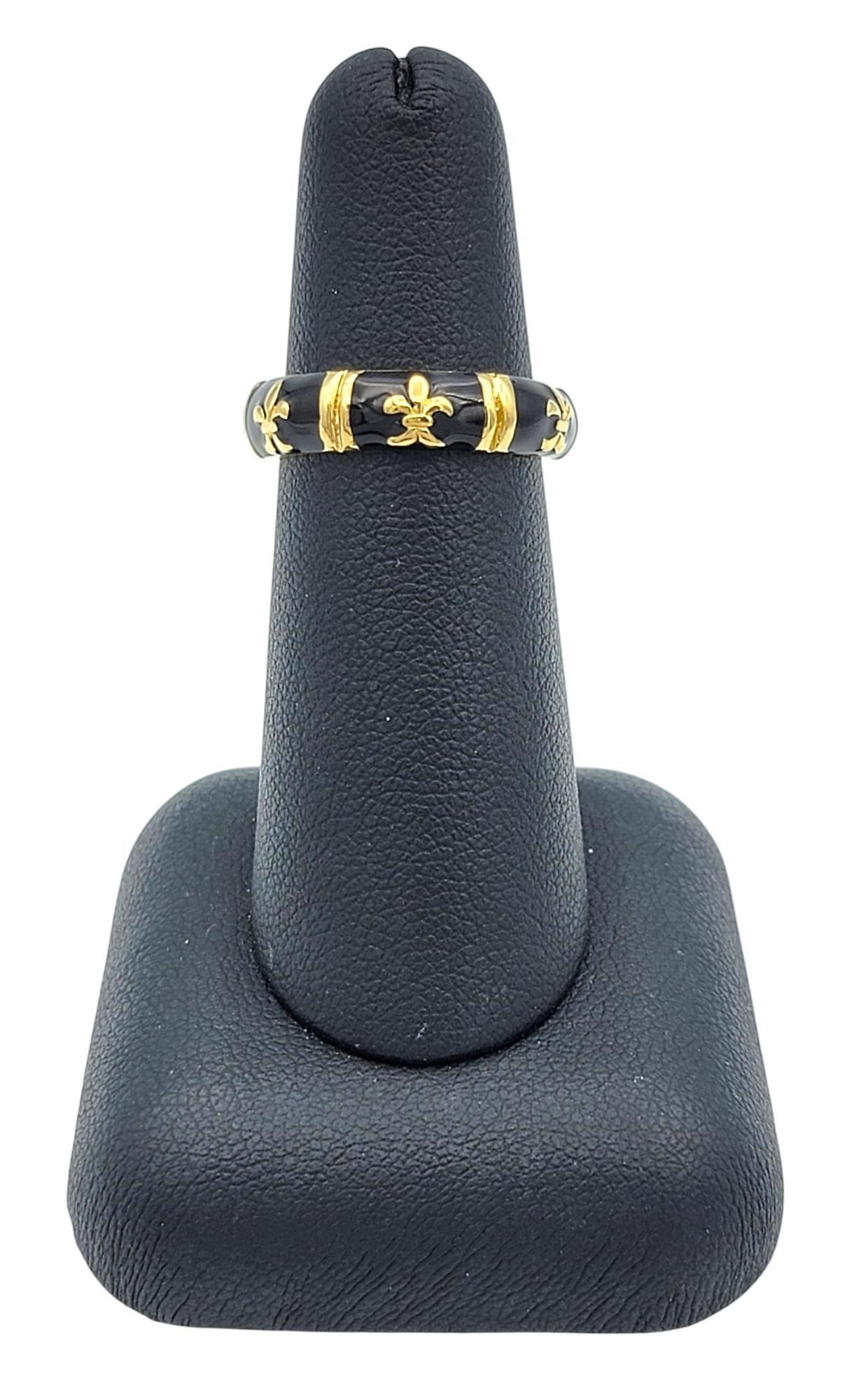 Hidalgo Fleur-de-lis Black Enamel Stackable Band Ring in 18 Karat Yellow Gold 3