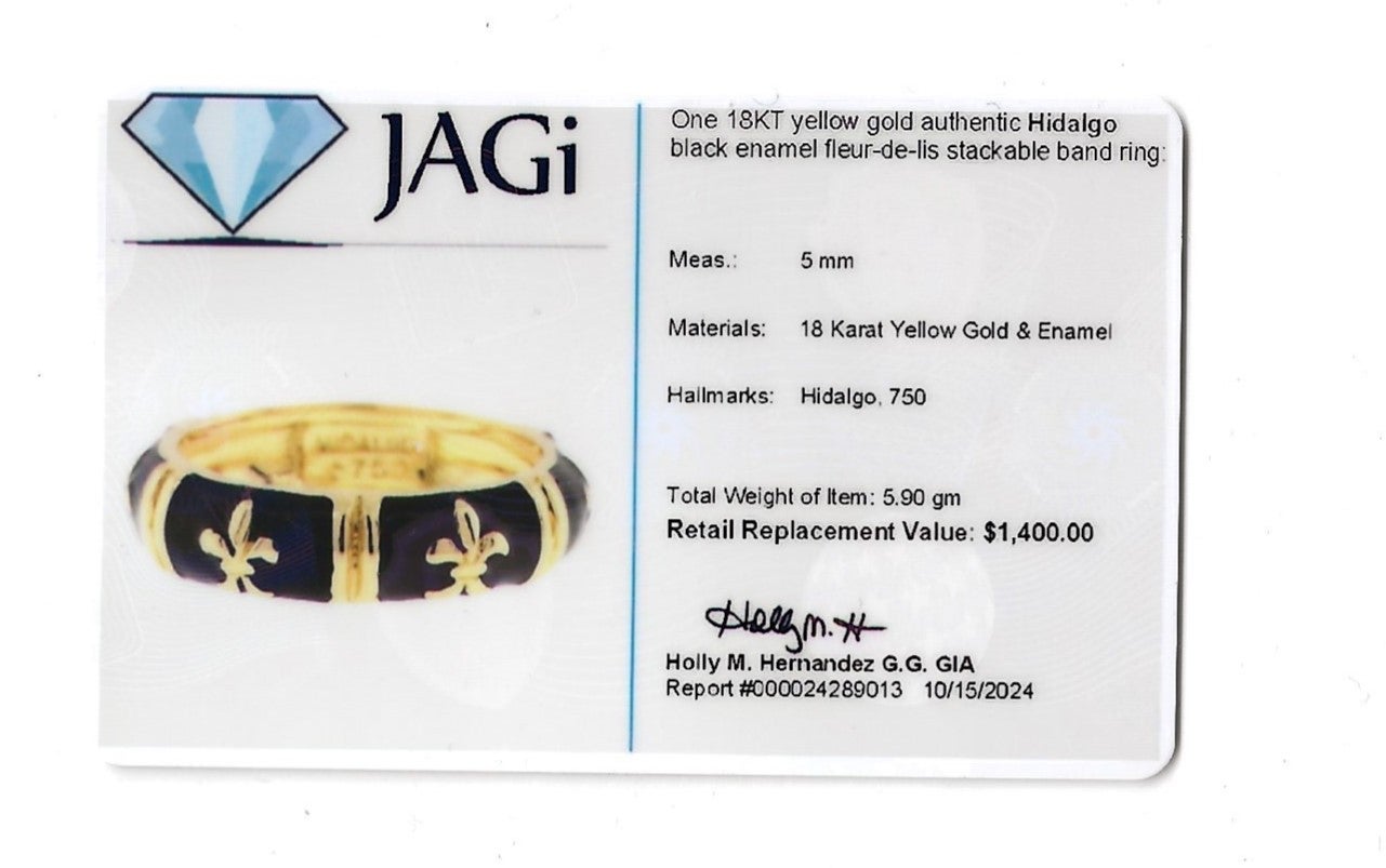 Hidalgo Fleur-de-lis Black Enamel Stackable Band Ring in 18 Karat Yellow Gold 4
