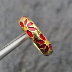Hidalgo Flower Floral Ring Band Red Yellow Enamel 18k Yellow Gold 4.5g sz 3.75