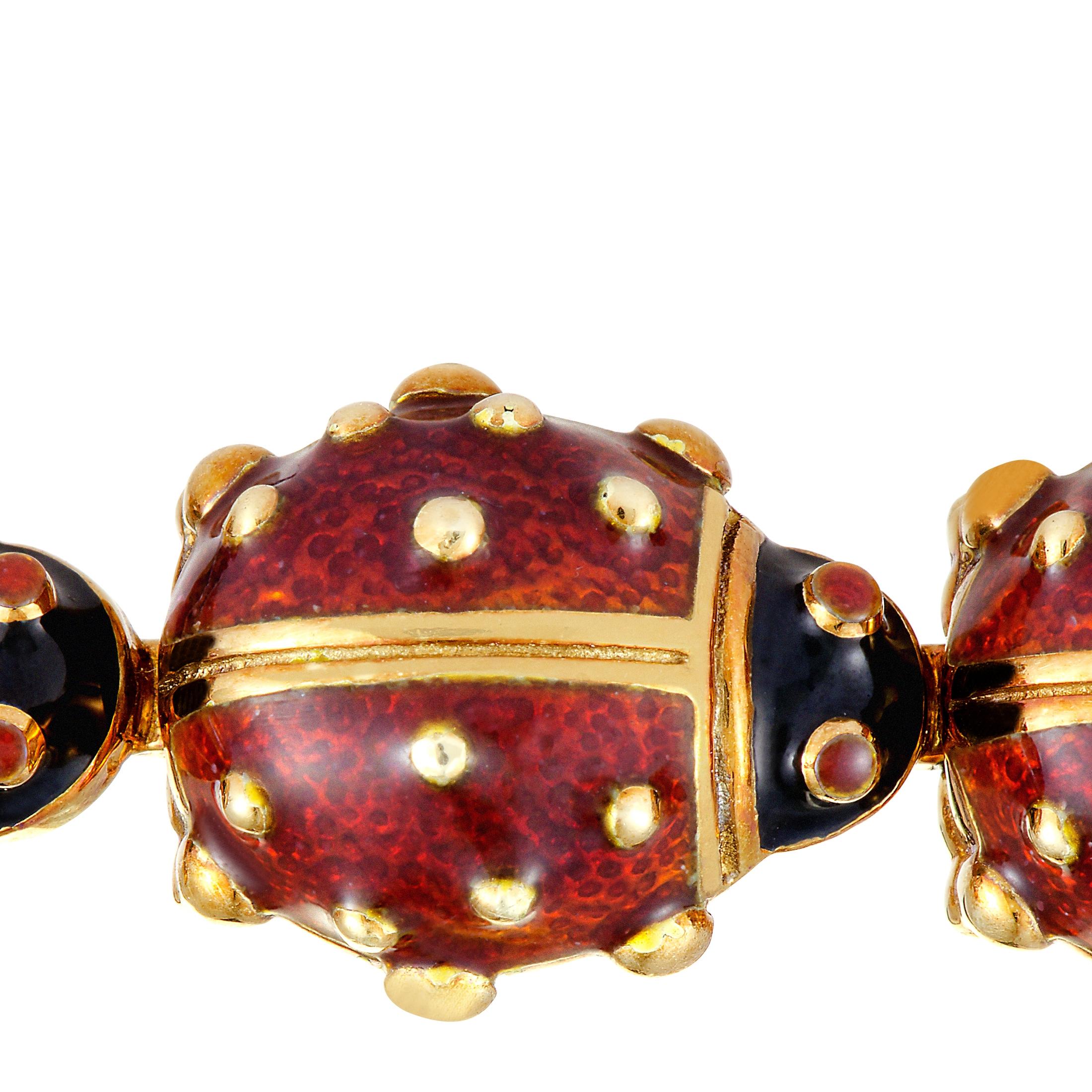 This Hidalgo ladybug bracelet is made of enameled 18K yellow gold. It weighs 45.2 grams, measuring 6.75” in length.

The bracelet is offered in estate condition and includes a gift box.