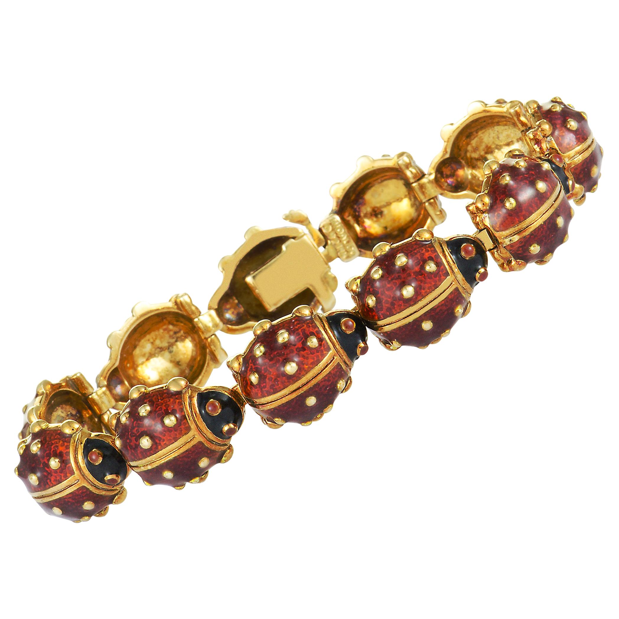 Hidalgo Ladybug 18 Karat Yellow Gold and Enamel Bracelet