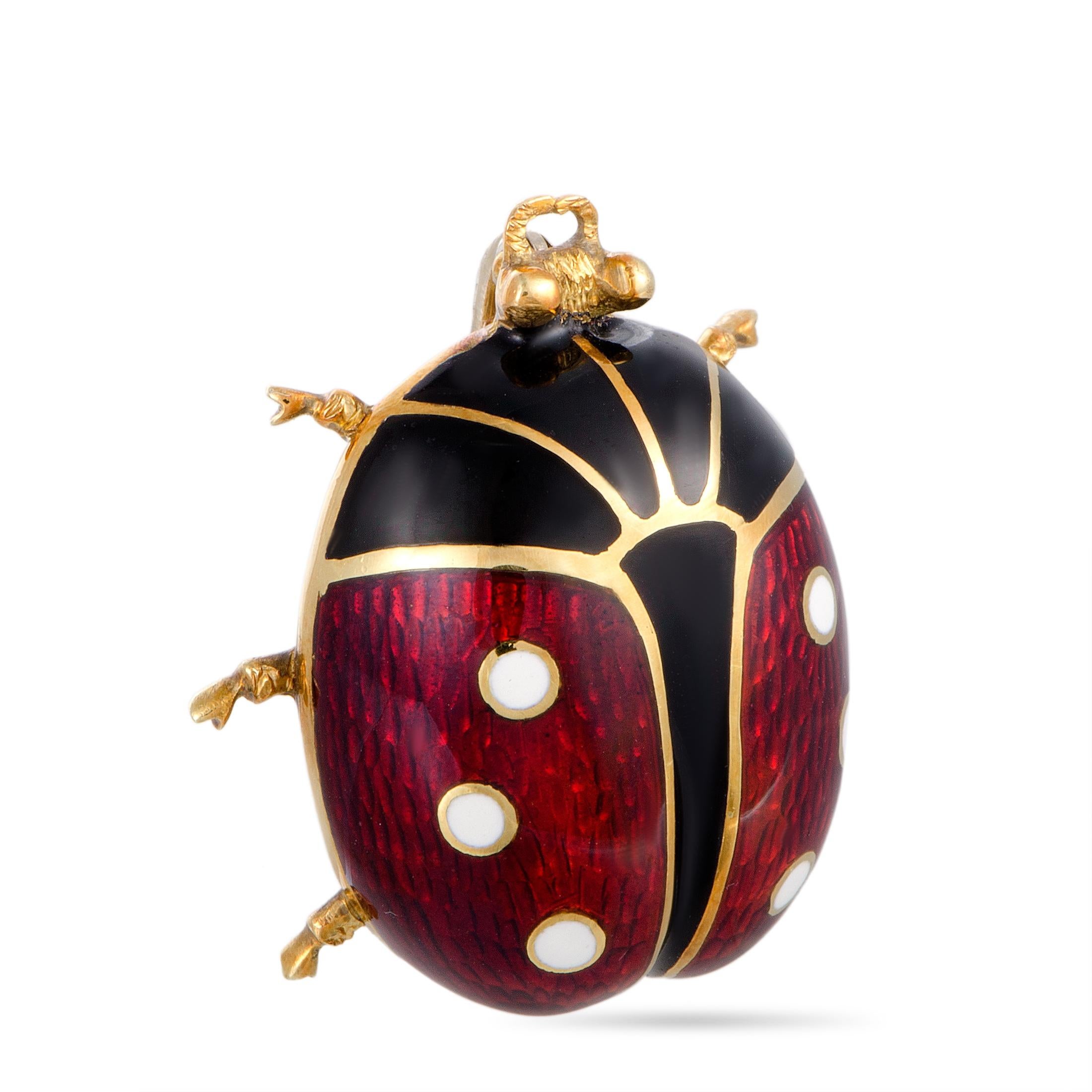 This Hidalgo ladybug brooch is made of enameled 18K yellow gold. It weighs 14 grams, measuring 1.25” in length and 1.00” in width.

The brooch is offered in estate condition and includes a gift box.
