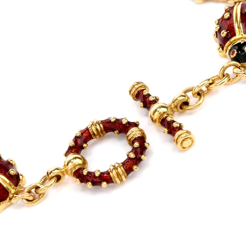 Modern Hidalgo Ladybug Red Enameled 18 Karat Gold Link Bracelet