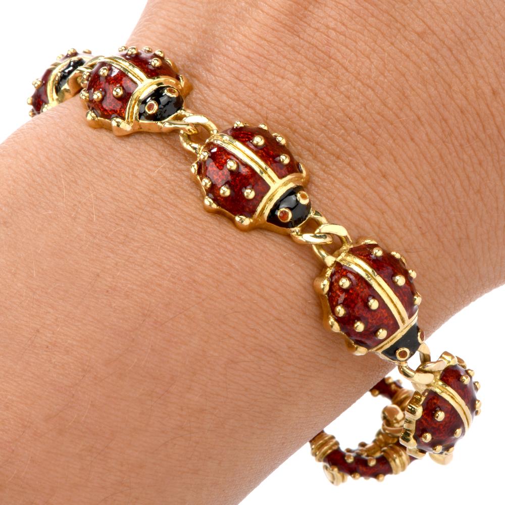 Women's Hidalgo Ladybug Red Enameled 18 Karat Gold Link Bracelet