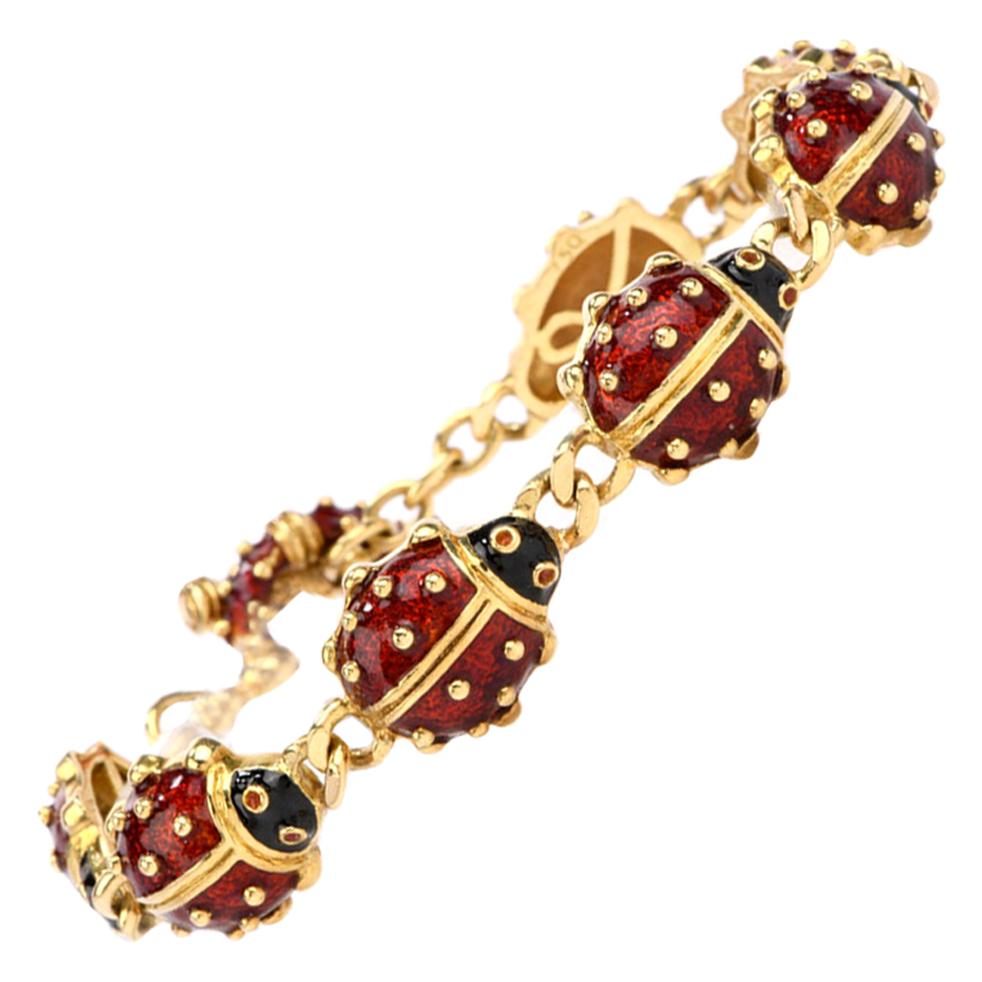 Hidalgo Ladybug Red Enameled 18 Karat Gold Link Bracelet