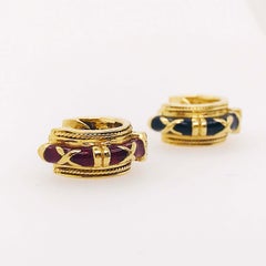 Hidalgo Original X Design Black & Red Enamel Small Earring Hoops, 18 Yellow Gold