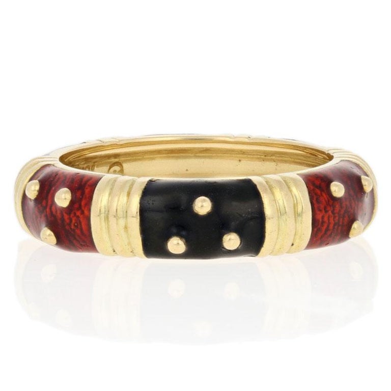 Hidalgo Patterned Stacking Ring, 18 Karat Gold Red and Black Enamel