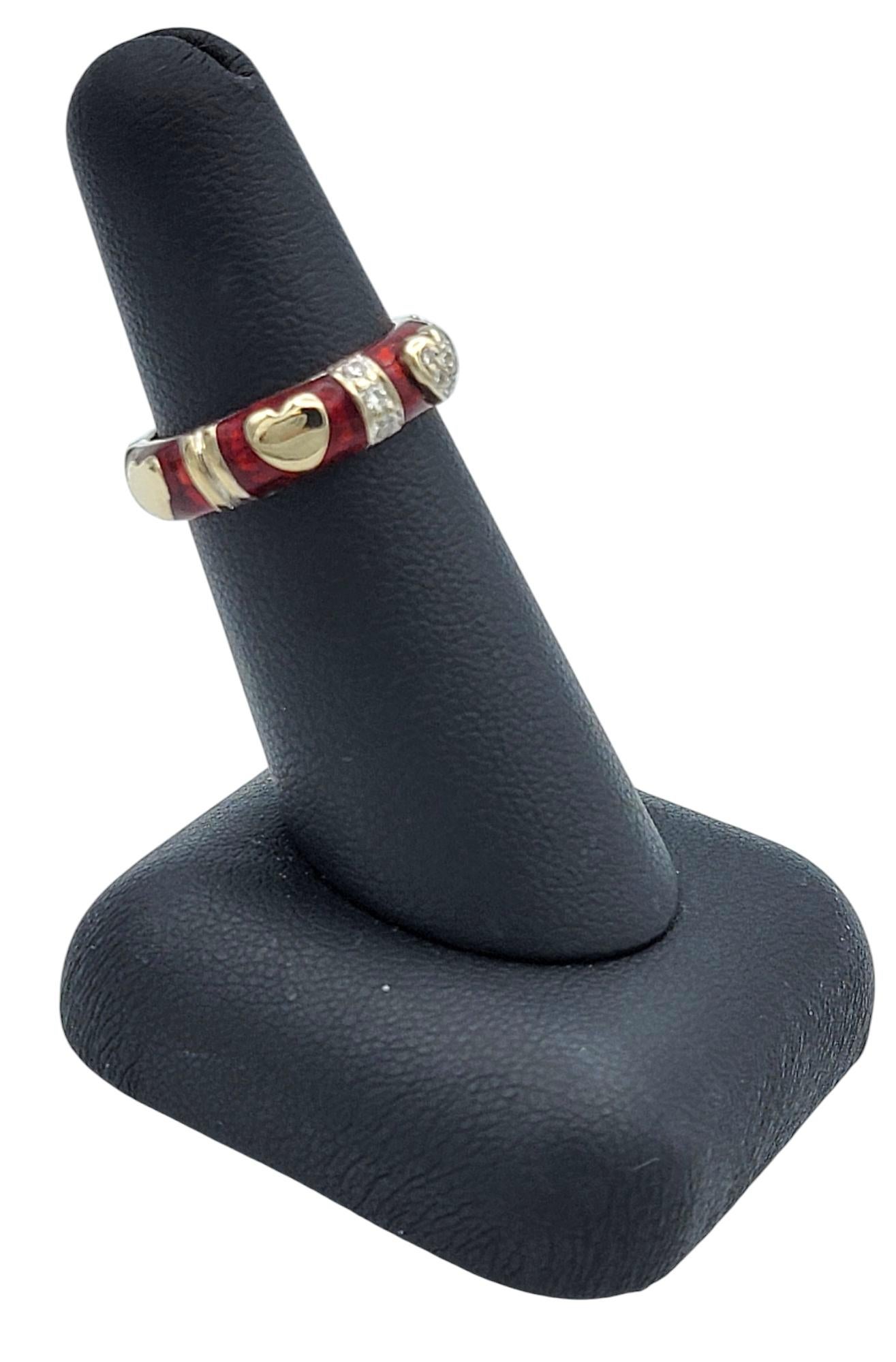 Hidalgo Red Enamel and Diamond Heart Band Ring in Two-Tone 18 Karat Gold For Sale 4