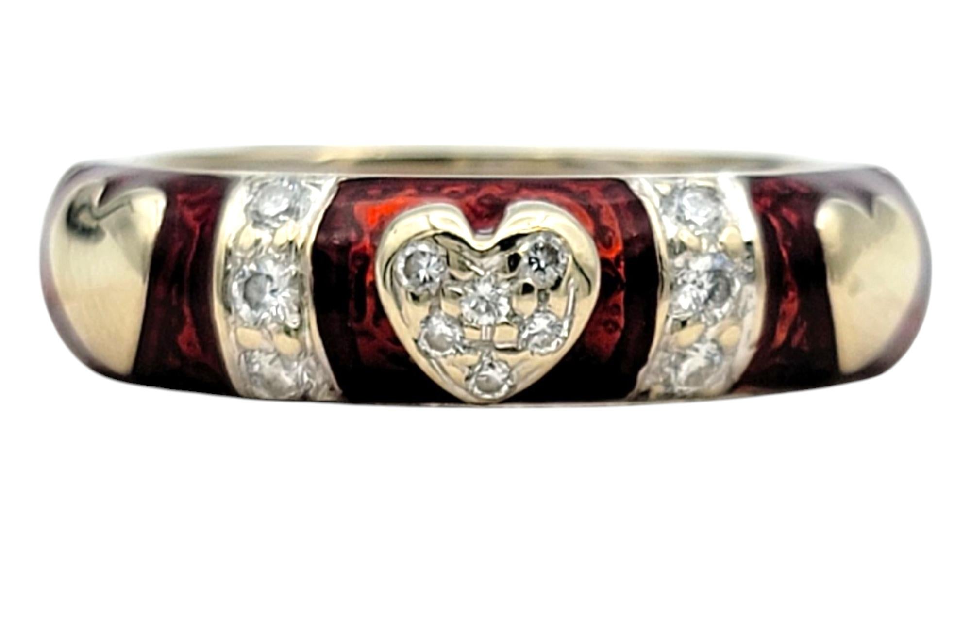 Contemporary Hidalgo Red Enamel and Diamond Heart Band Ring in Two-Tone 18 Karat Gold For Sale