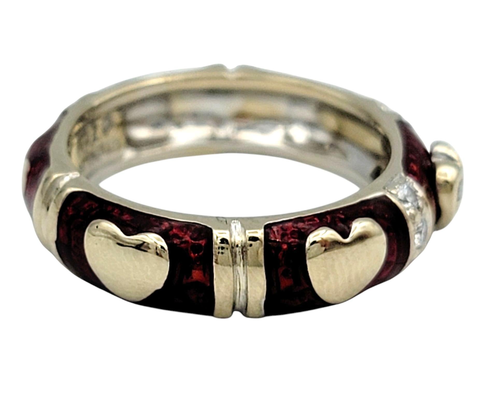 Round Cut Hidalgo Red Enamel and Diamond Heart Band Ring in Two-Tone 18 Karat Gold For Sale