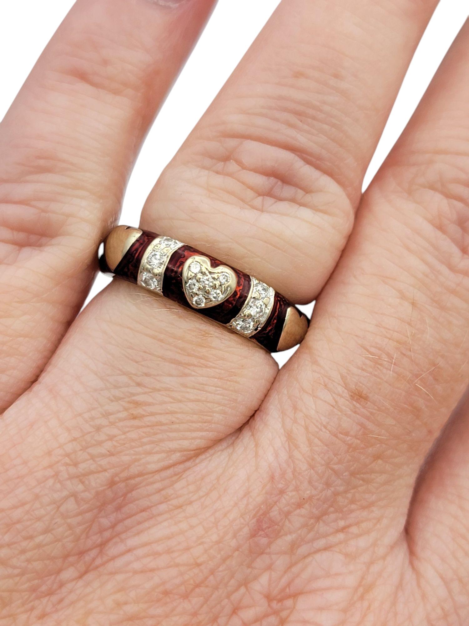 Hidalgo Red Enamel and Diamond Heart Band Ring in Two-Tone 18 Karat Gold For Sale 2