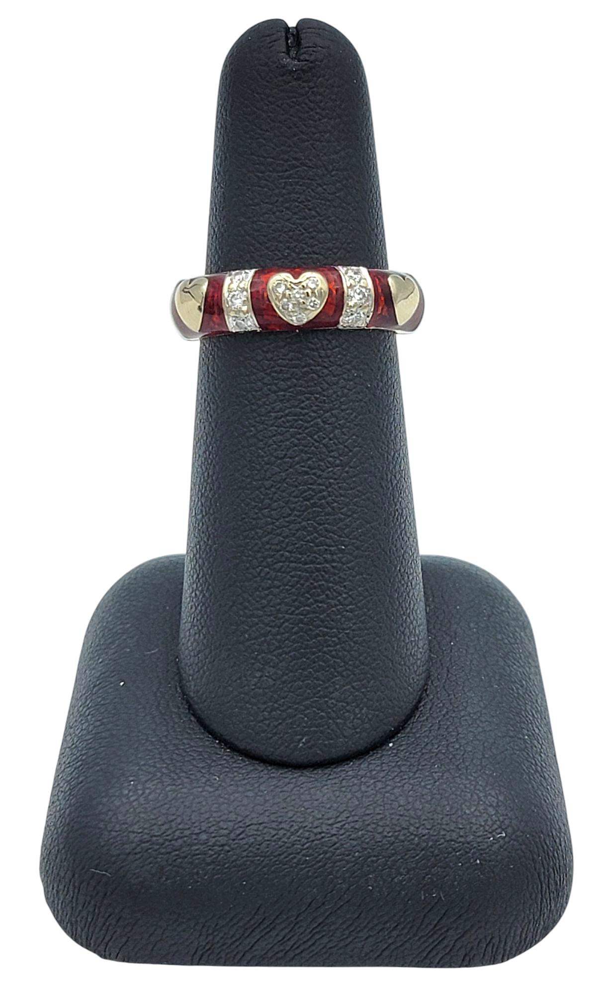 Hidalgo Red Enamel and Diamond Heart Band Ring in Two-Tone 18 Karat Gold For Sale 3