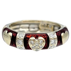 Hidalgo Red Enamel and Diamond Heart Band Ring in Two-Tone 18 Karat Gold