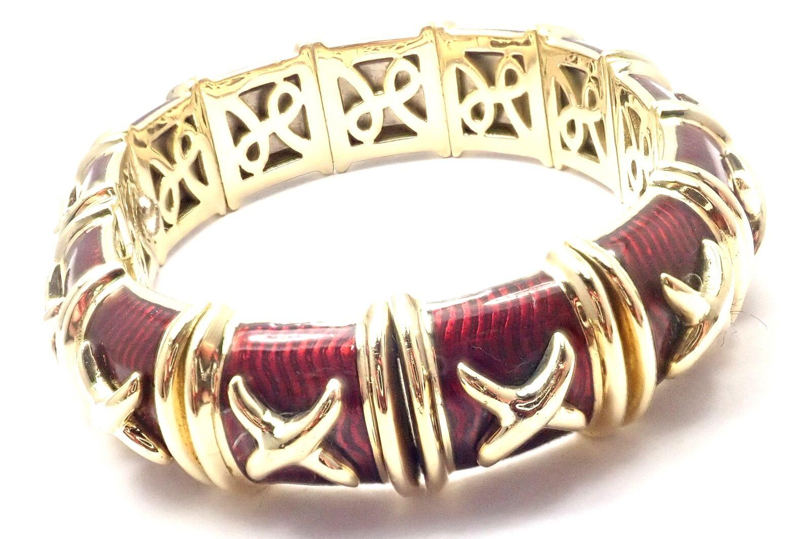 Gelbgoldener Armreif mit roter Emaille X Flexible Manschette im Zustand „Hervorragend“ in Southampton, PA