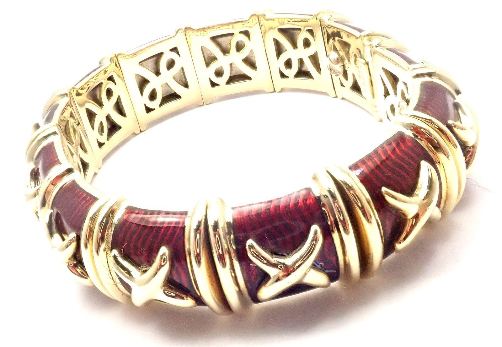 Gelbgoldener Armreif mit roter Emaille X Flexible Manschette für Damen oder Herren