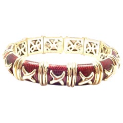 Hidalgo Red Enamel X Flexible Cuff Yellow Gold Bangle Bracelet