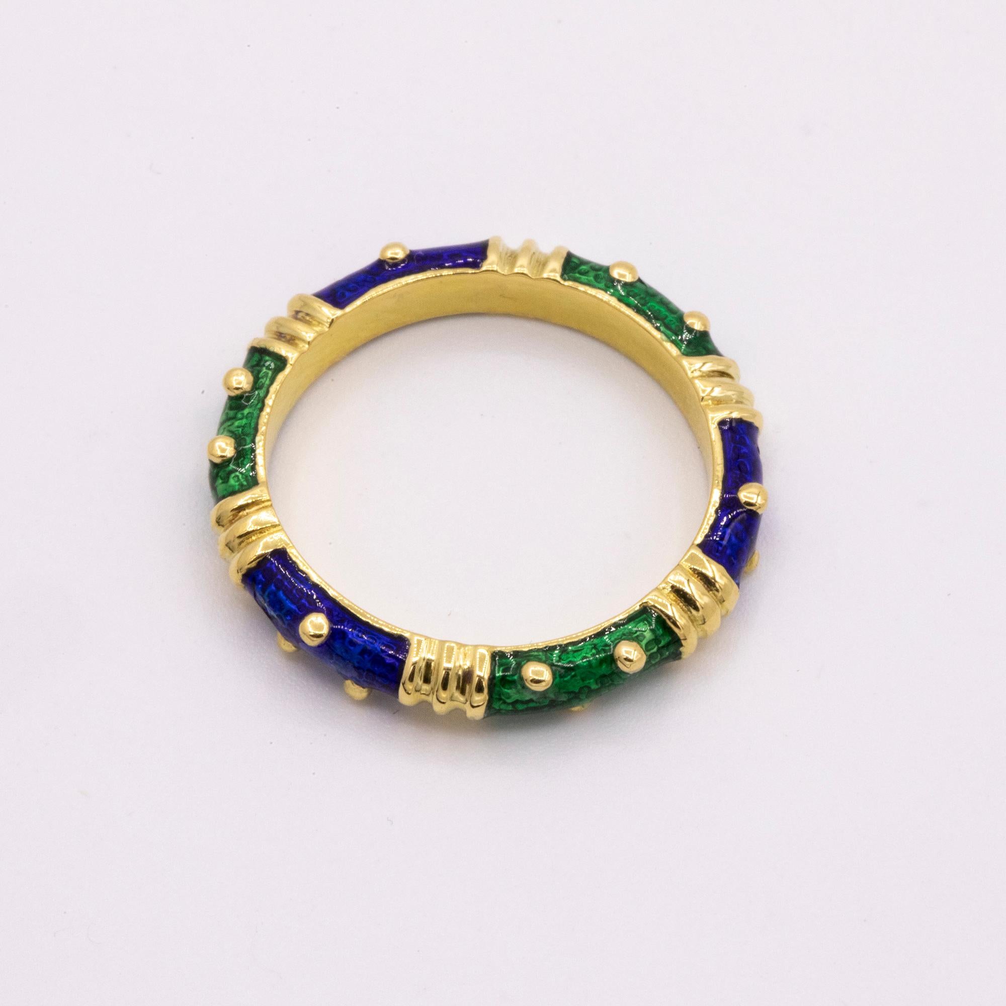 18 Karat Yellow Gold Hidalgo Designer ring. Green & Blue enamel work. This ring weighs 2.5 dwt in total.