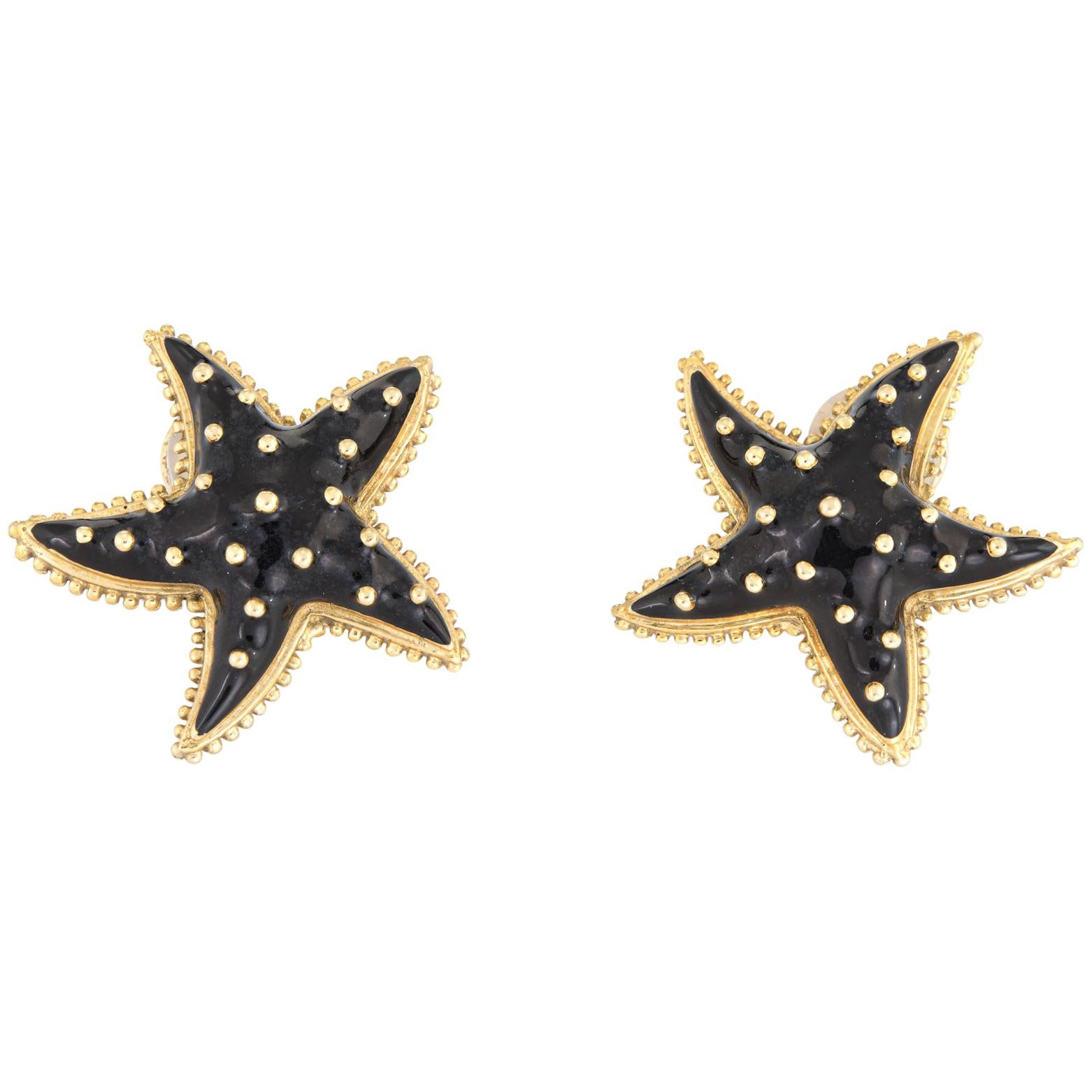 Hidalgo Starfish Earrings Black Enamel 18 Karat Yellow Gold Large Estate Jewelry