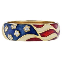 Retro Hidalgo United States Flag Enamel 18 Karat Yellow Gold Ring