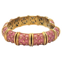 Hidalgo Vintage 71.80 Grams Pink Enamel 18 Karat Yellow Gold Bangle Bracelet