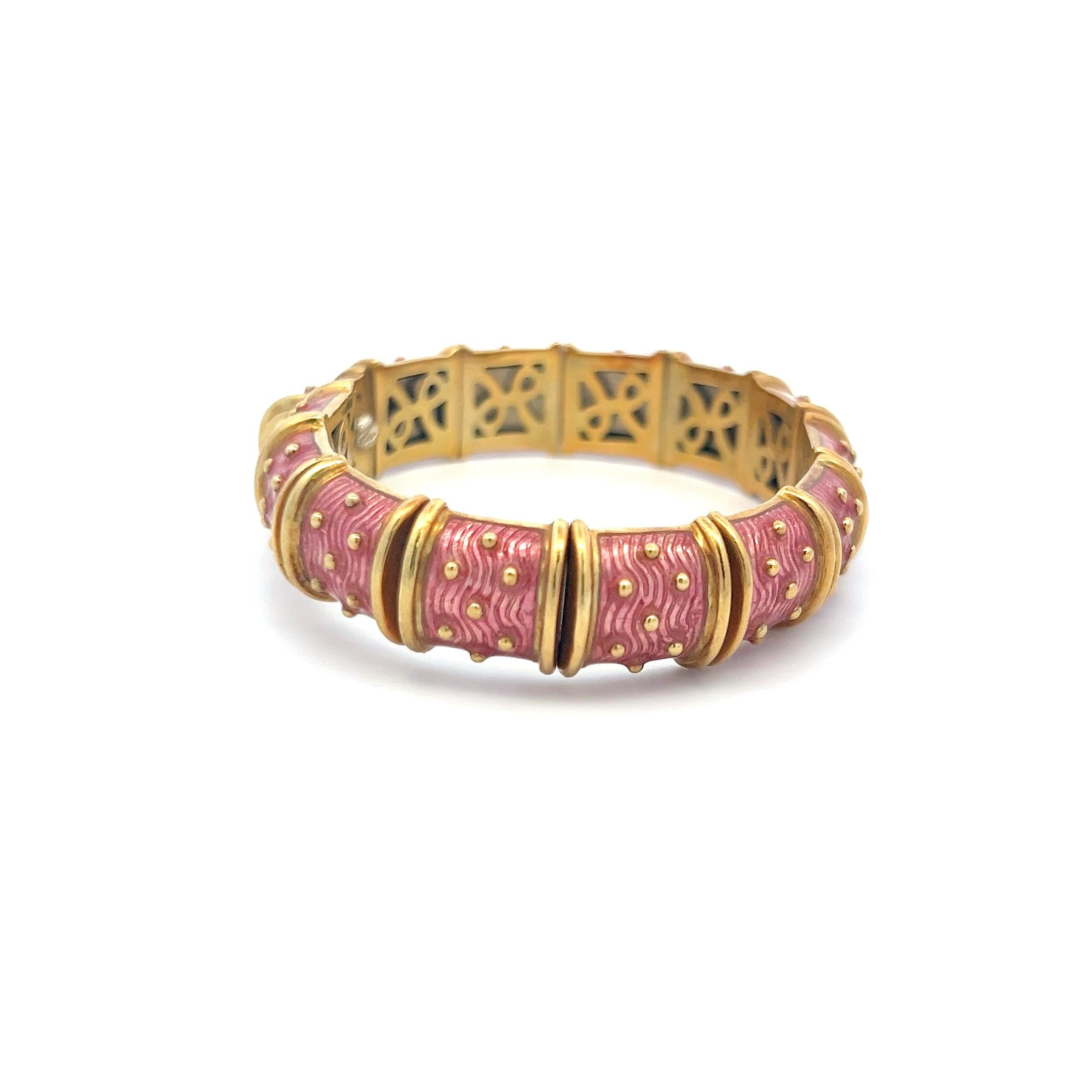Hidalgo, bracelet jonc vintage en or jaune 18 carats et émail rose, 71,80 grammes Pour femmes en vente