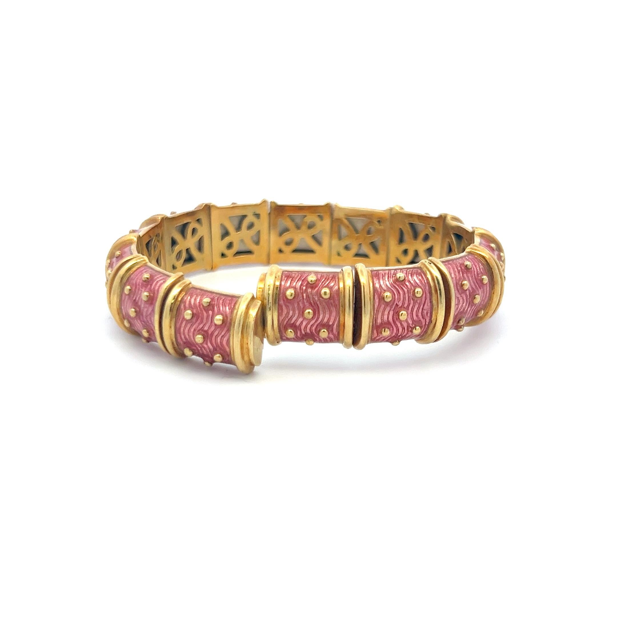 Hidalgo, bracelet jonc vintage en or jaune 18 carats et émail rose, 71,80 grammes en vente 1