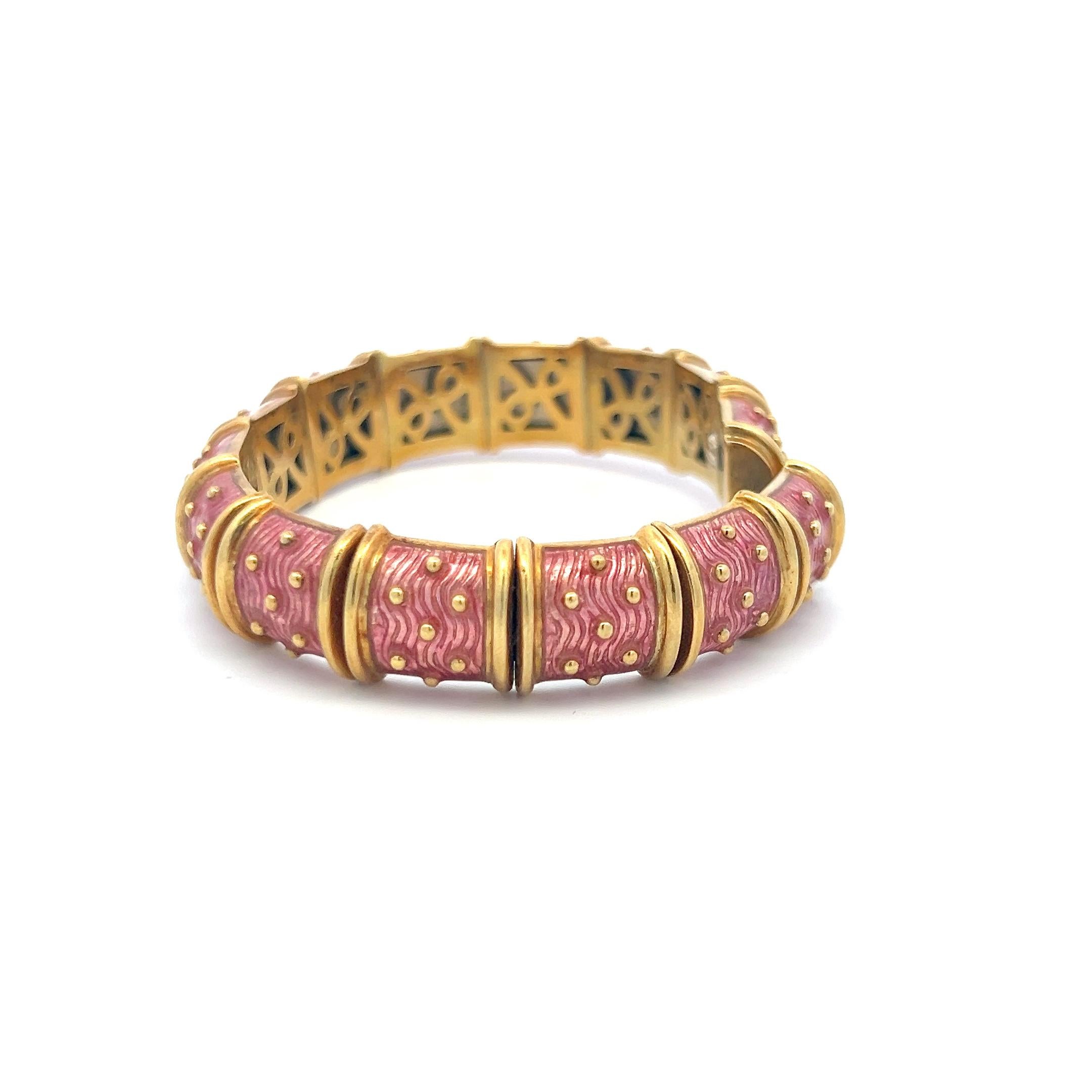 Hidalgo, bracelet jonc vintage en or jaune 18 carats et émail rose, 71,80 grammes en vente 2