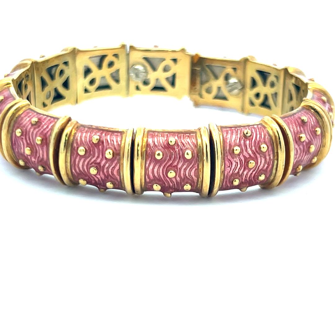 Hidalgo, bracelet jonc vintage en or jaune 18 carats et émail rose, 71,80 grammes en vente 3