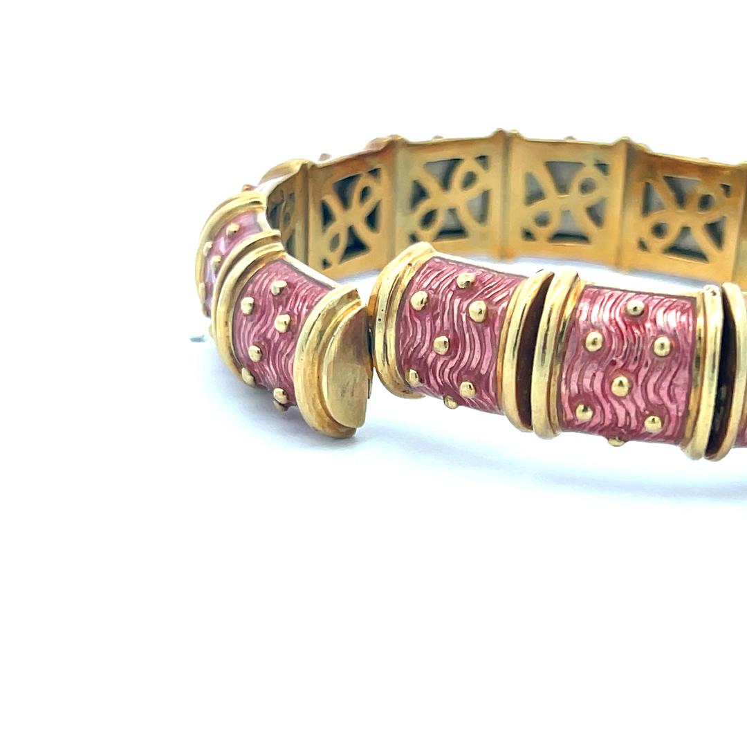 Hidalgo, bracelet jonc vintage en or jaune 18 carats et émail rose, 71,80 grammes en vente 5