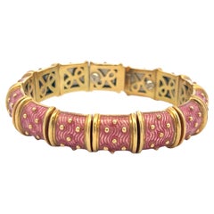 Hidalgo Vintage 71.80 Grams Pink Enamel 18 Karat Yellow Gold Bangle Bracelet