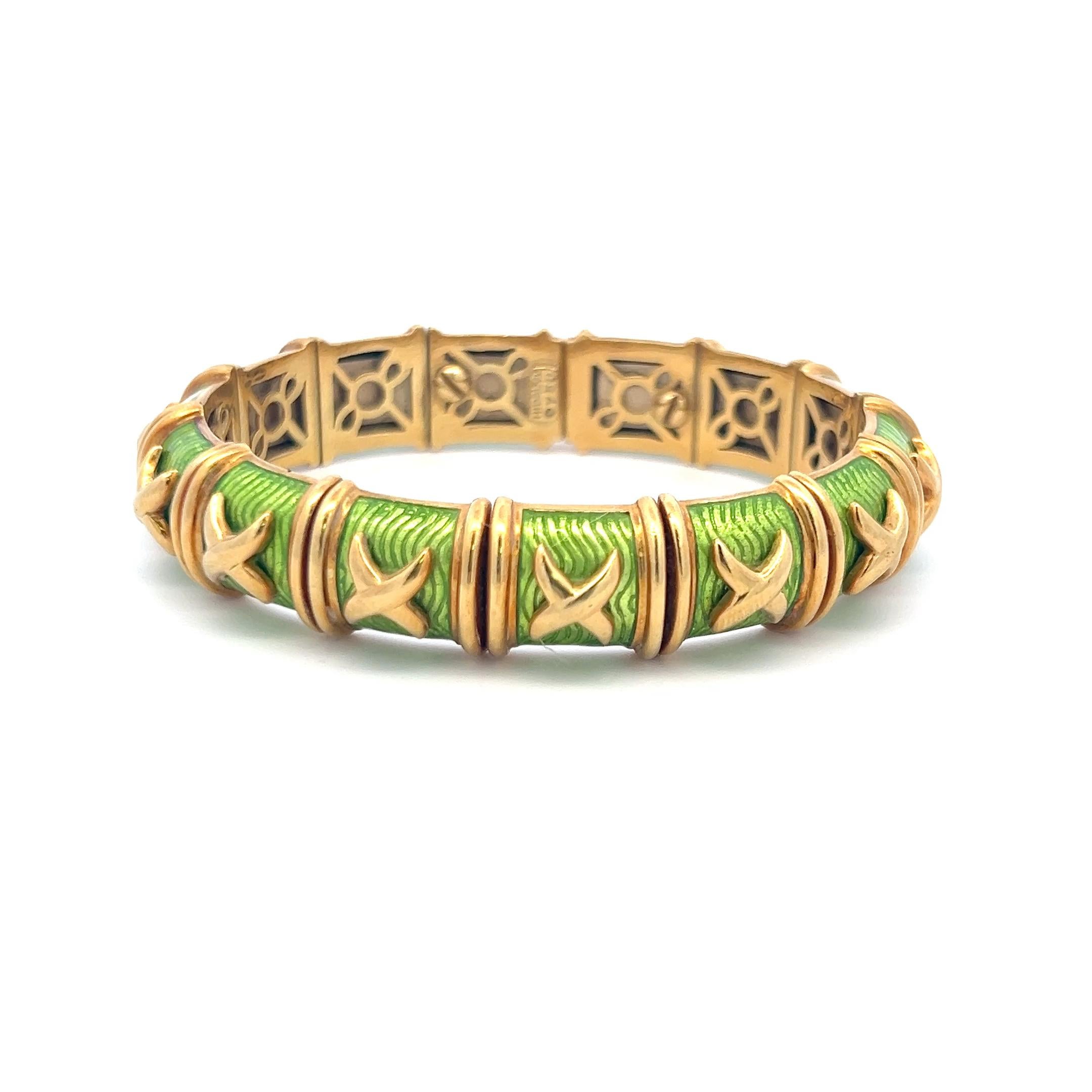 Hidalgo, bracelet jonc vintage en or jaune 18 carats et émail vert 85 grammes en vente 1