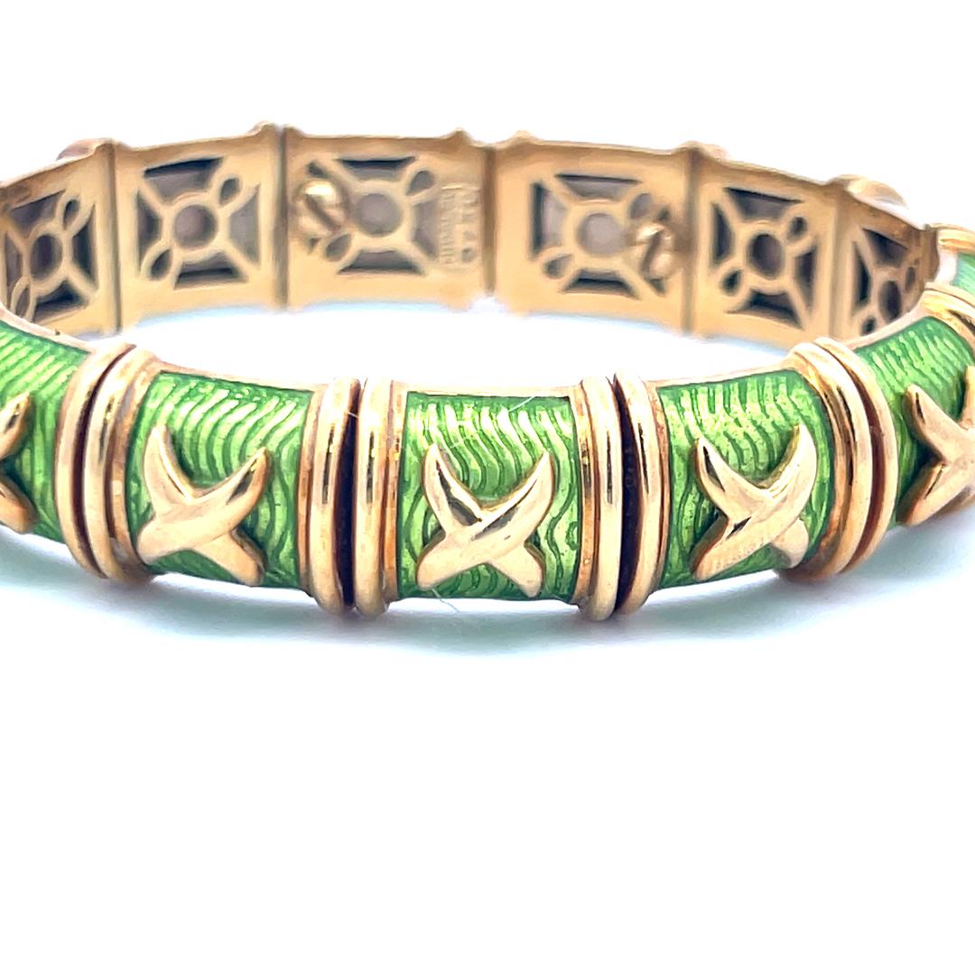 Hidalgo, bracelet jonc vintage en or jaune 18 carats et émail vert 85 grammes en vente 2