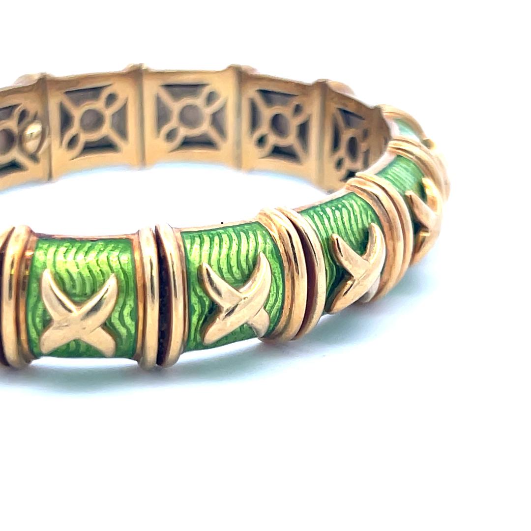 Hidalgo, bracelet jonc vintage en or jaune 18 carats et émail vert 85 grammes en vente 3