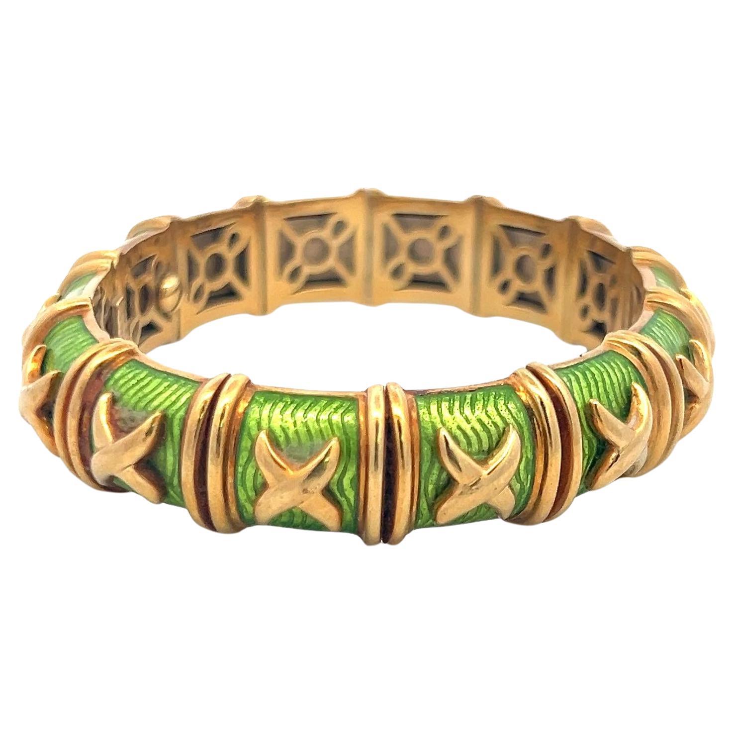Hidalgo Vintage 85 Grams Green Enamel 18 Karat Yellow Gold Bangle Bracelet