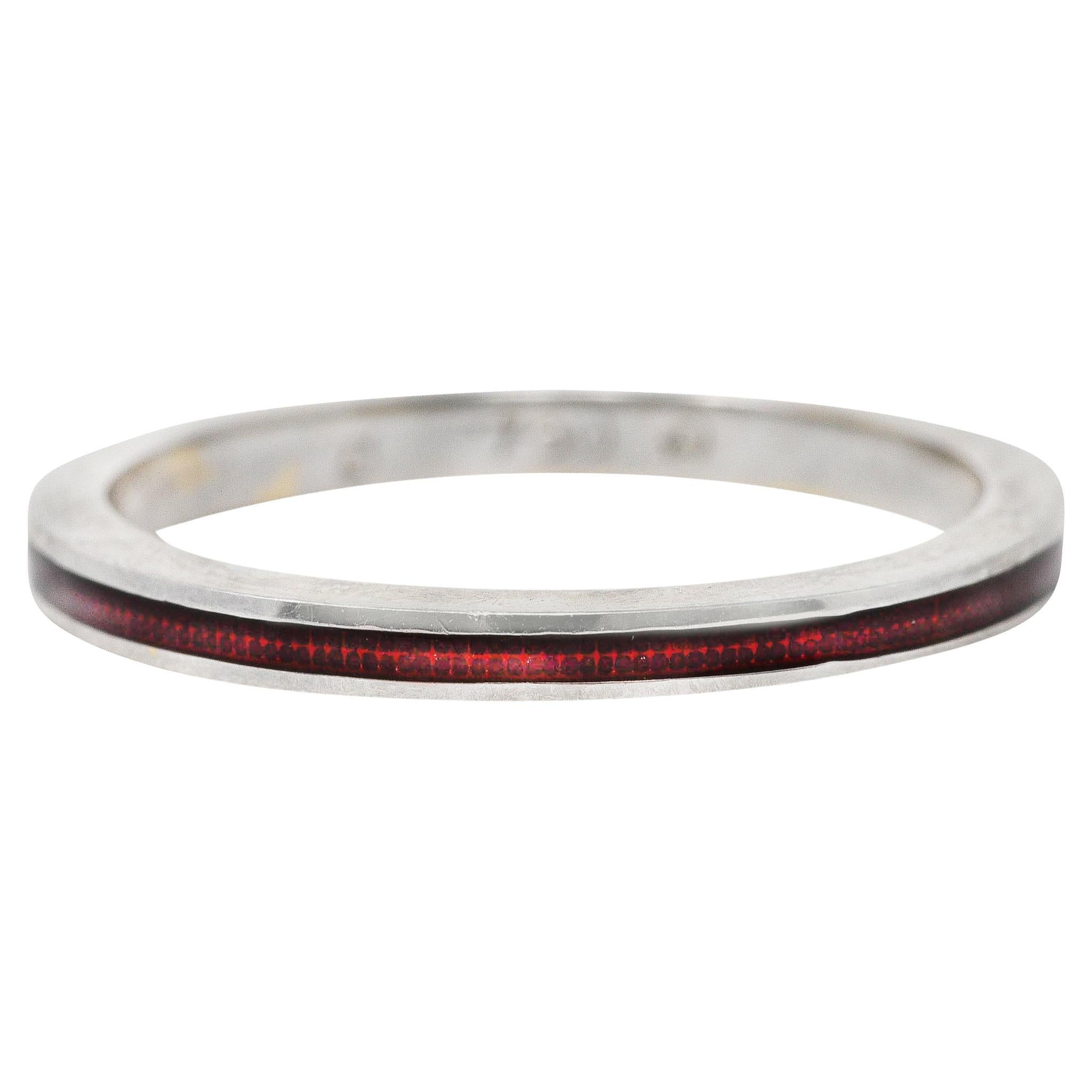 Hidalgo Vintage Guilloche Red Enamel 18 Karat White Gold Eternity Band Ring For Sale