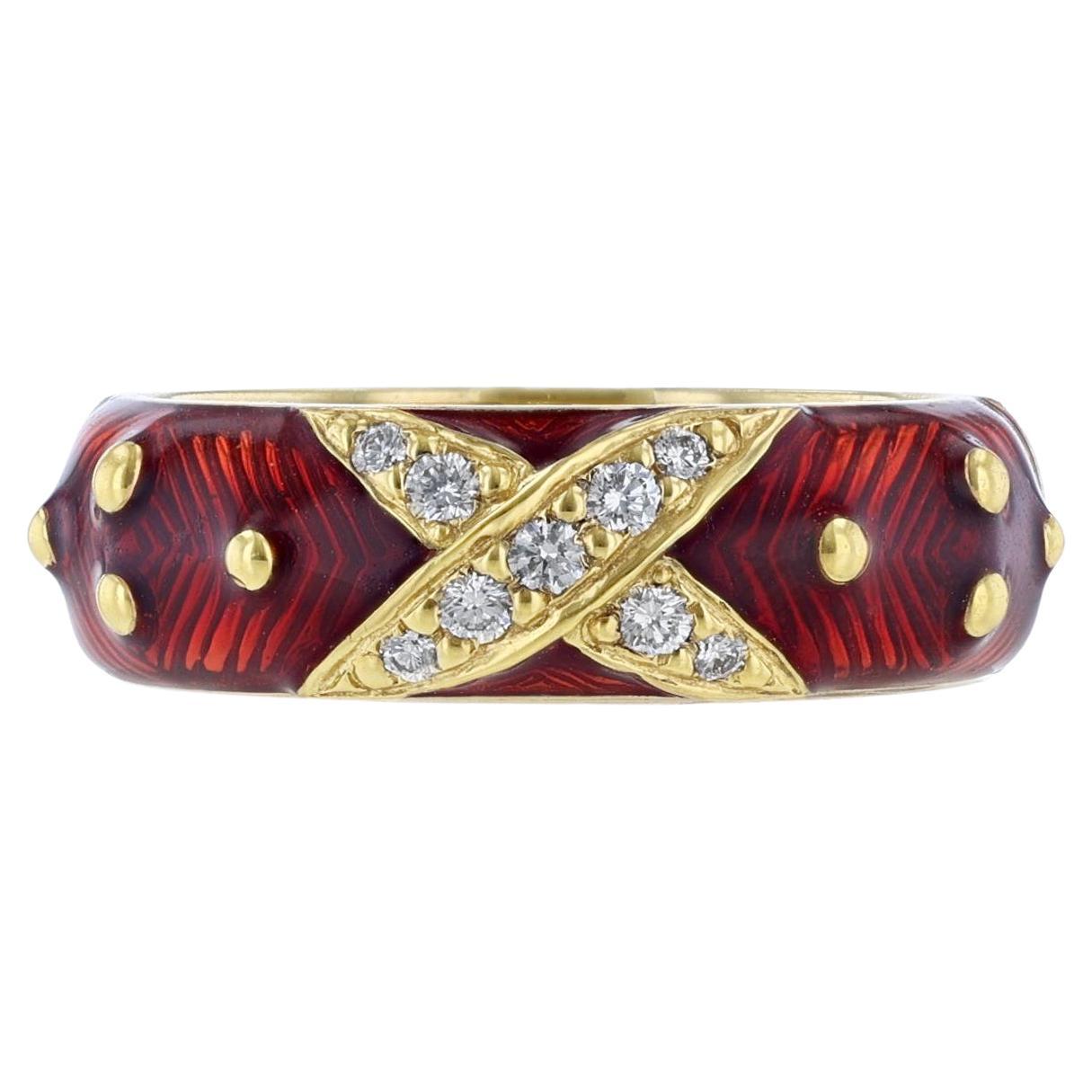 Hidalgo "X" Motif 18 Karat Yellow Gold Diamond Red Enamel Ring For Sale