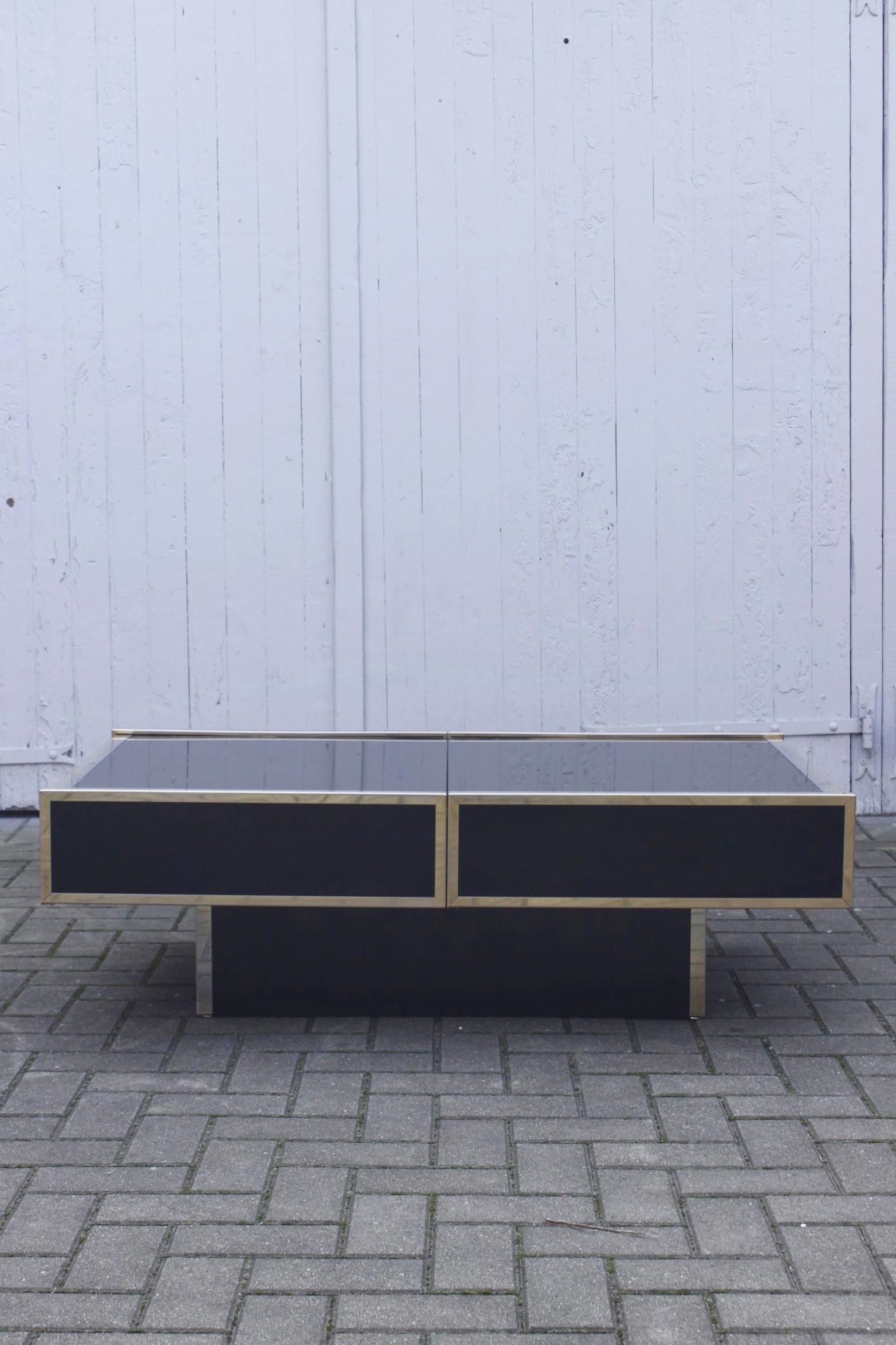 Late 20th Century Hidden bar coffee table in glass & gilded metal by Maison Lancel, France 1970s For Sale