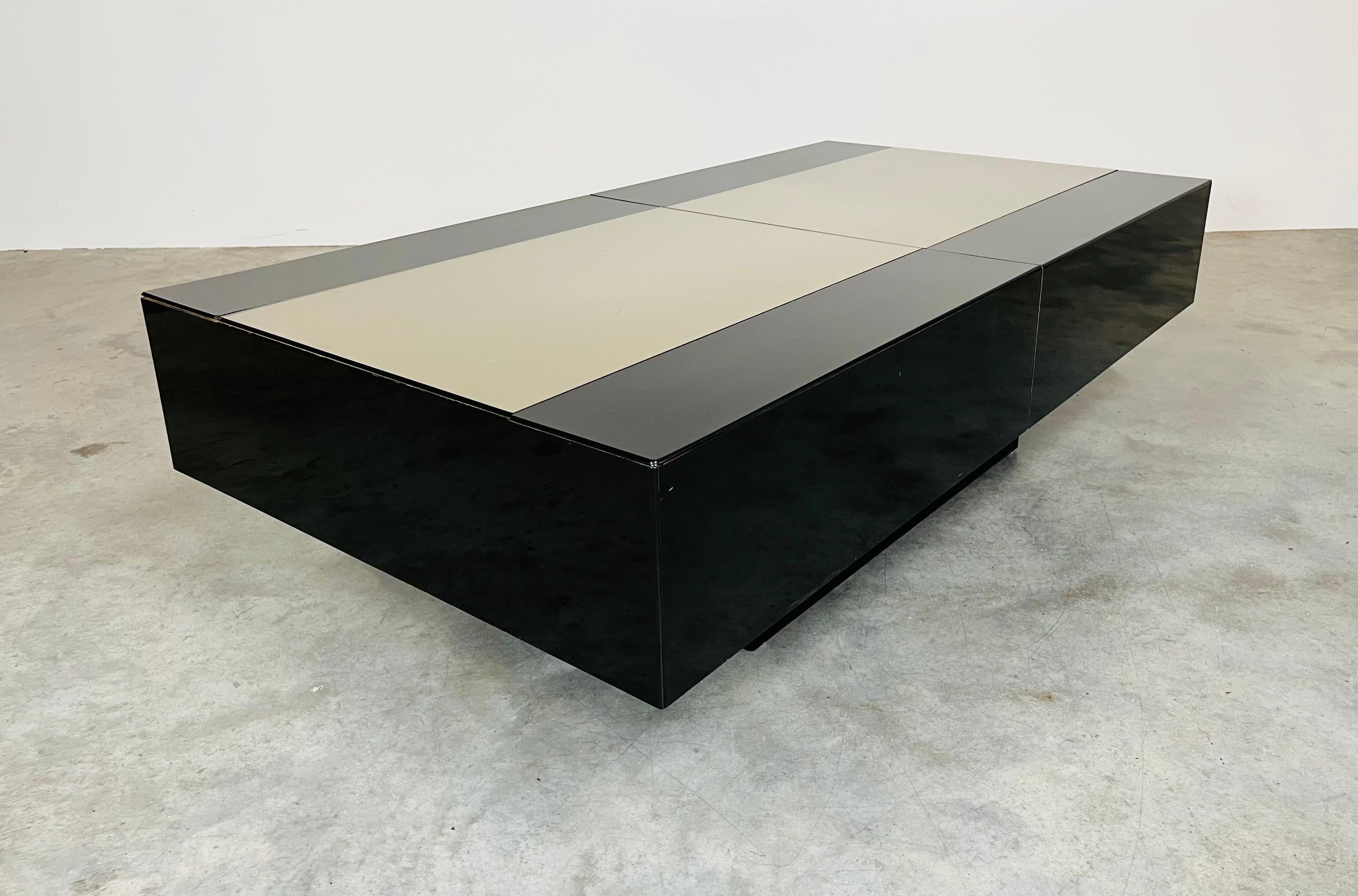 Steel Hidden Bar Mirrored Coffee Table By Eric Maville & Jean Claude Mahey  For Sale