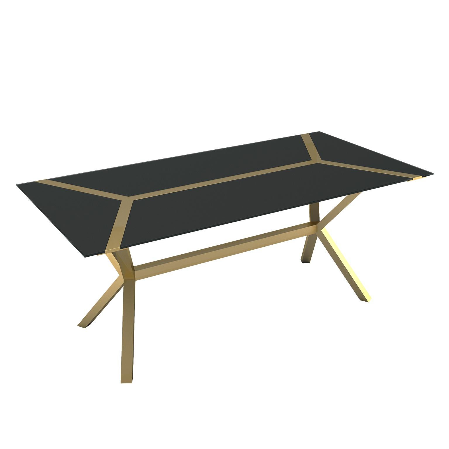Modern Hidden Black Glass and Brass Dining Table For Sale